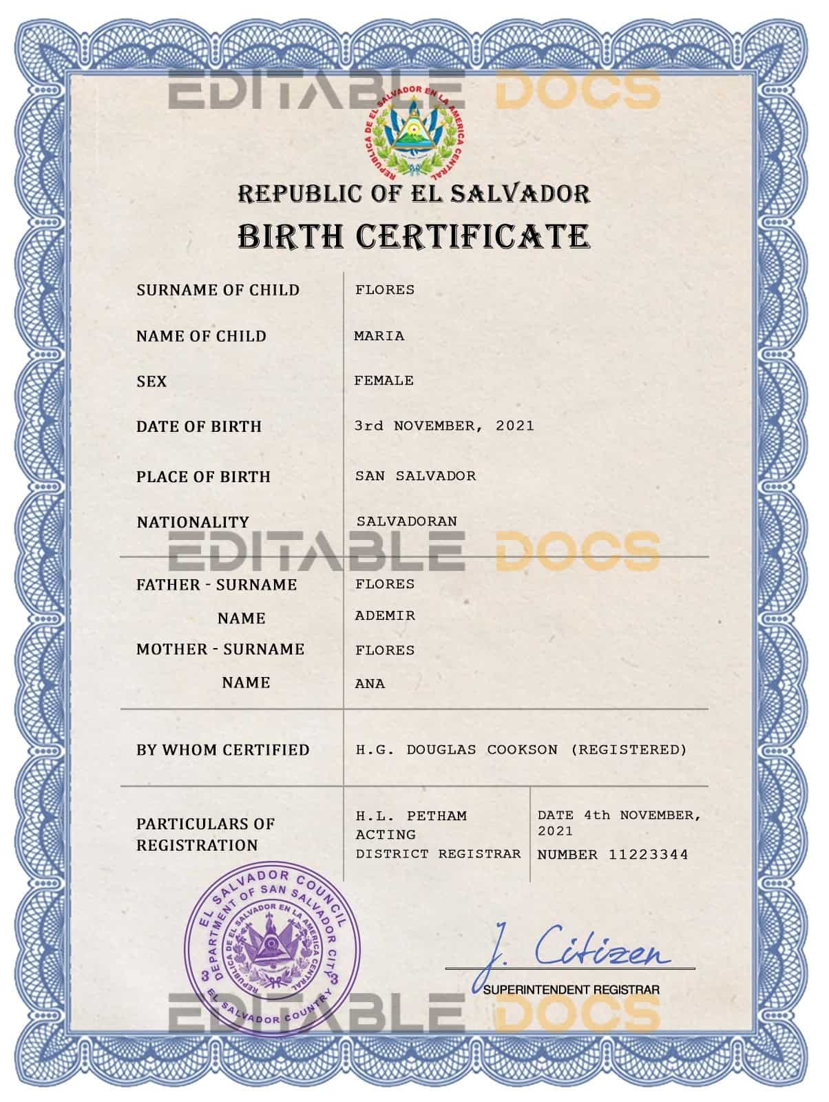 Authentic El Salvador Birth Certificate Template | Customize and Download Online