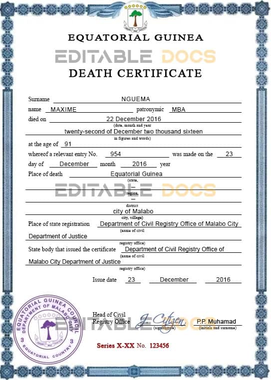 Customizable Equatorial Guinea Death Certificate PSD Templates | Instant Download