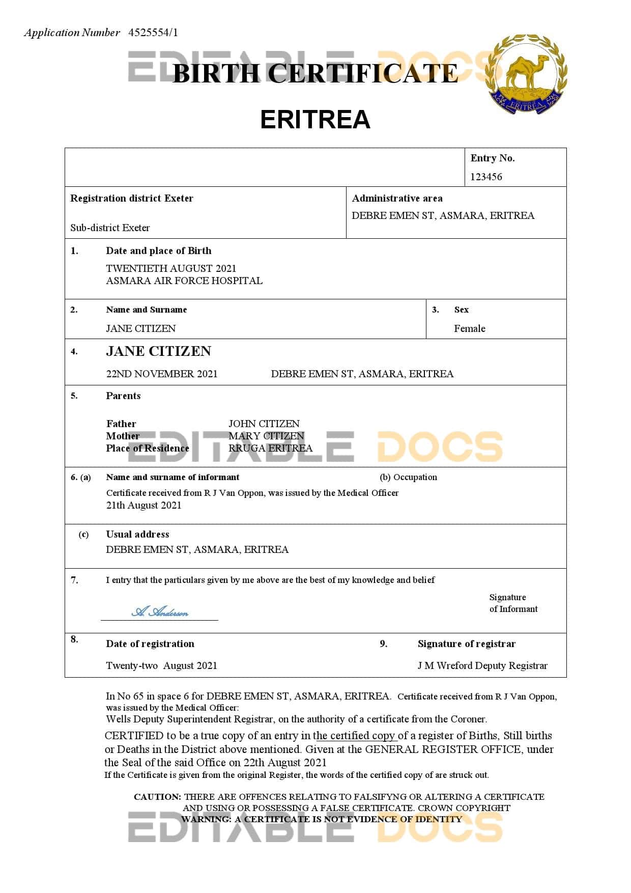 Authentic Eritrea Birth Certificate Template | Customize and Download Online