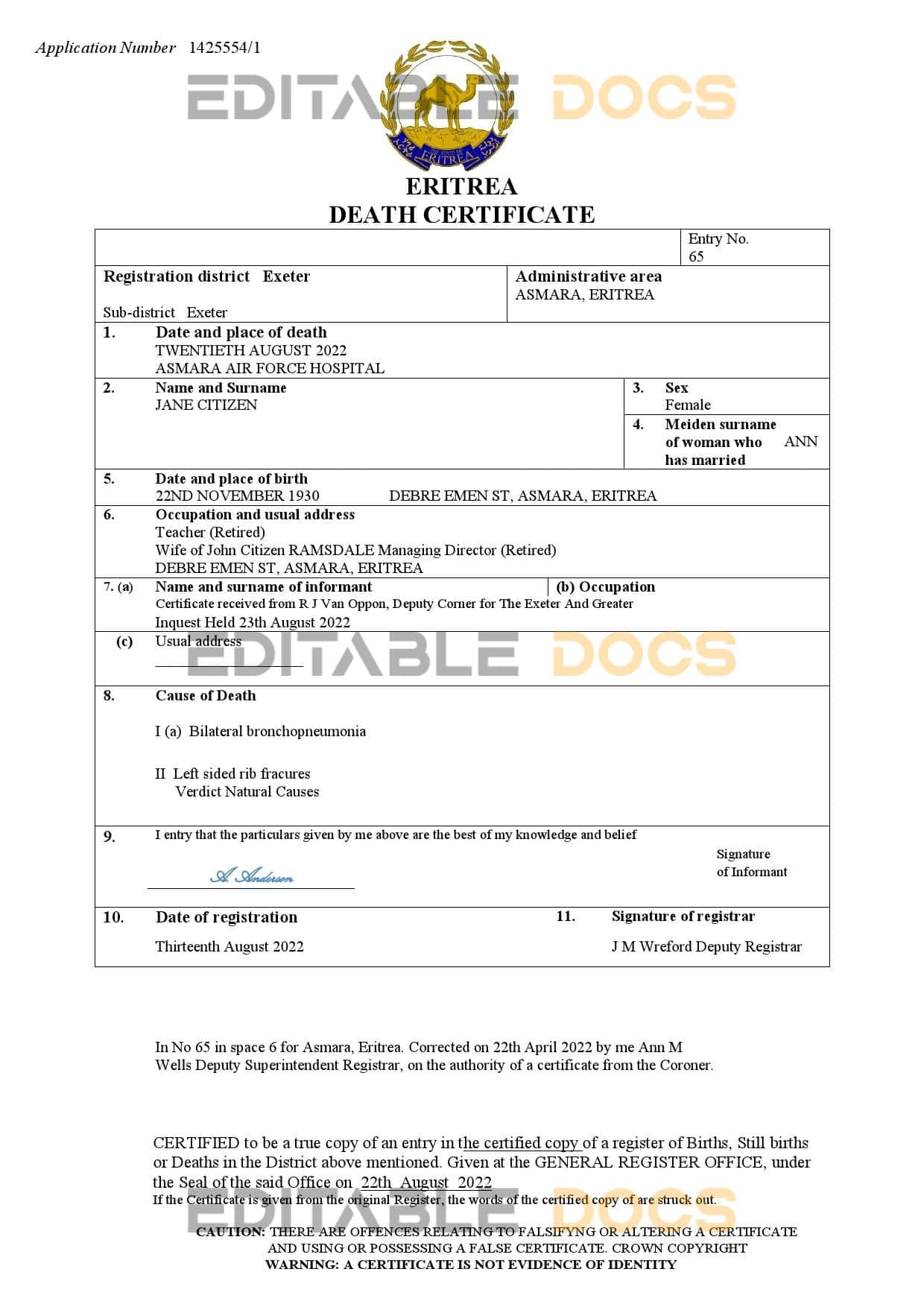 Fillable Eritrea Death PDF Templates | Blank Docs