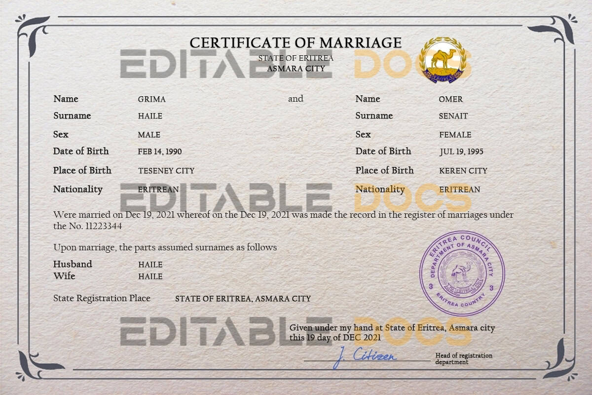Eritrea Marriage Certificate | Editable PSD Templates
