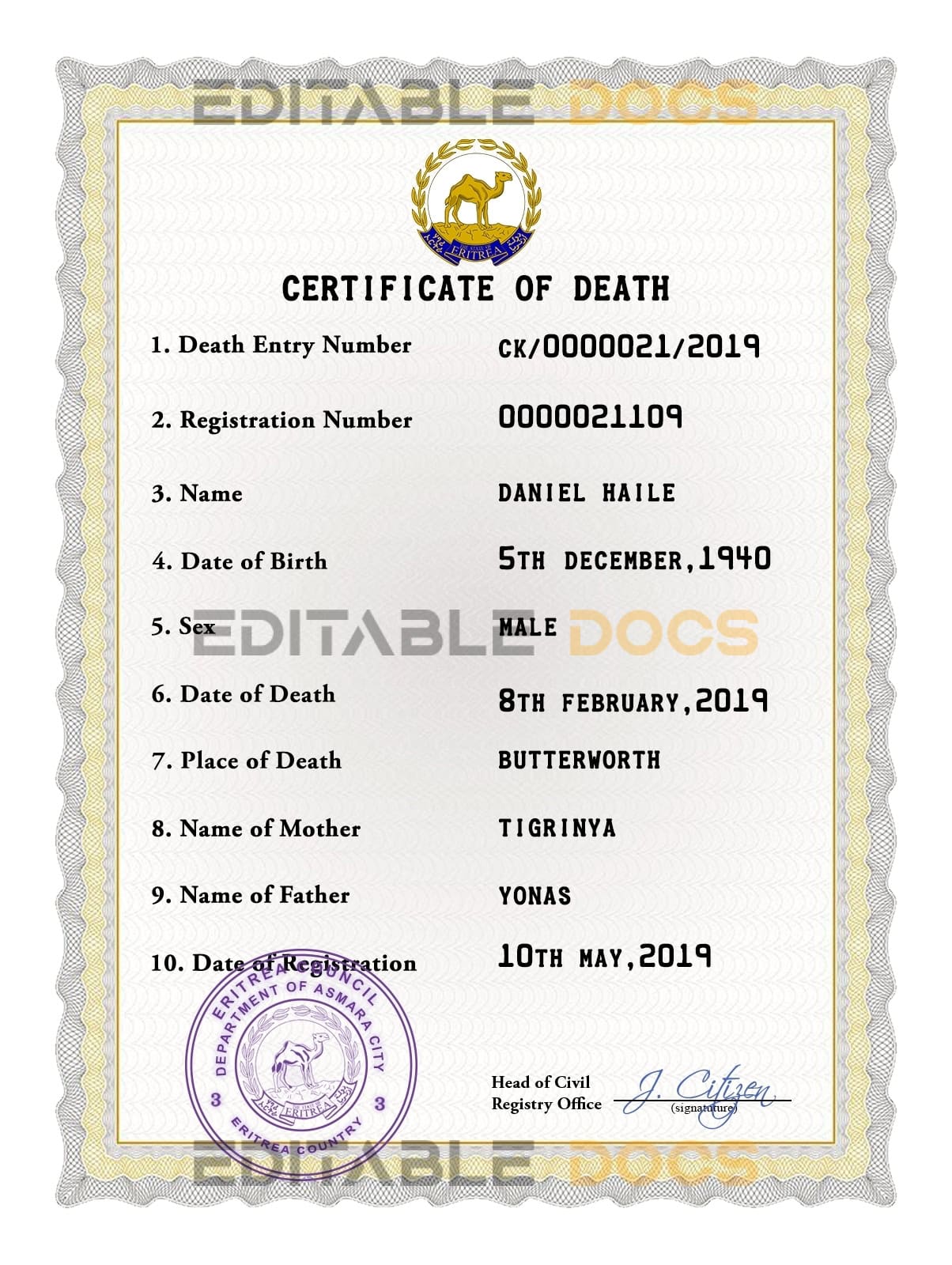 Customizable Eritrea Death Certificate PSD Templates | Instant Download