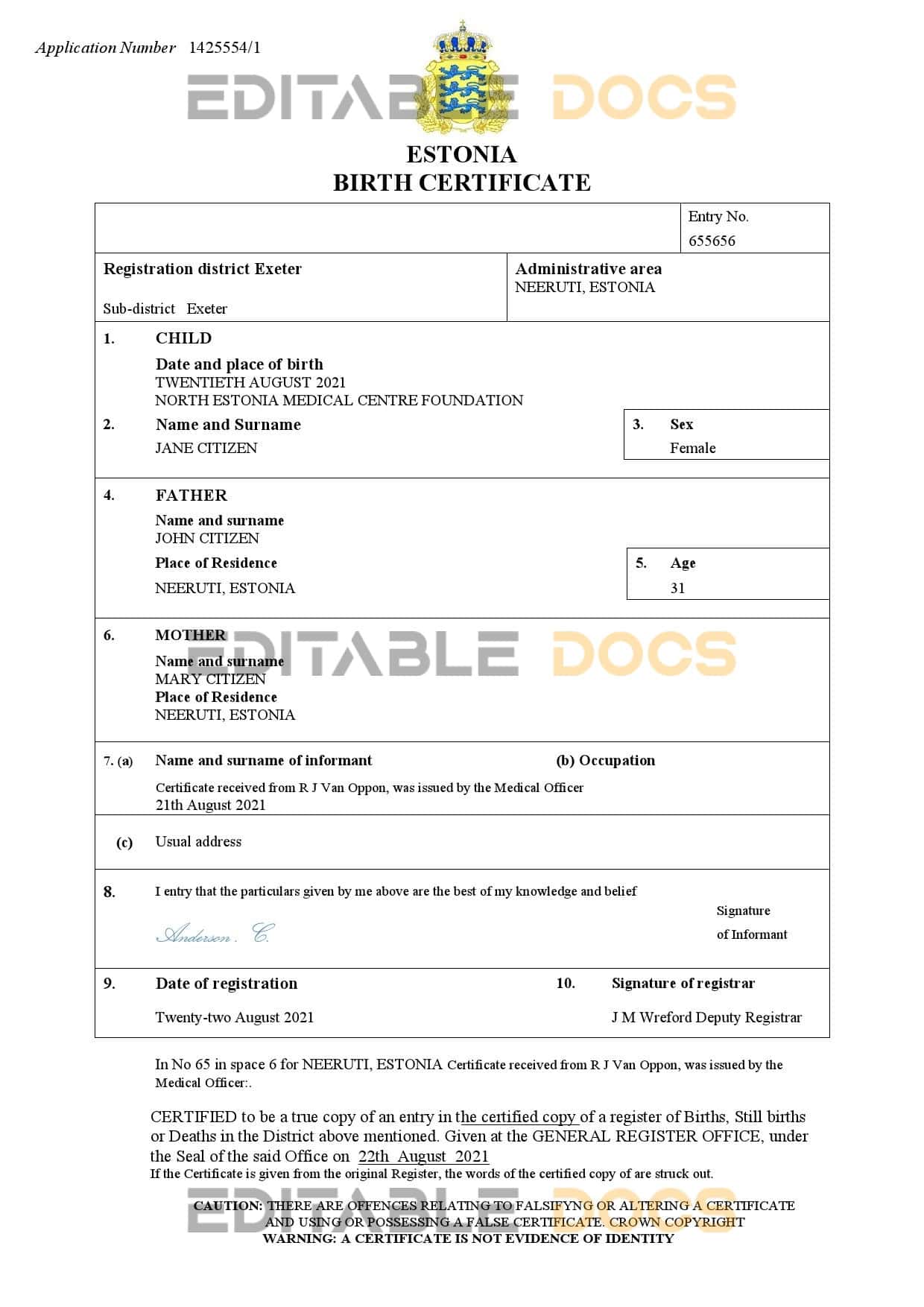 Authentic Estonia Birth Certificate Template | Customize and Download Online