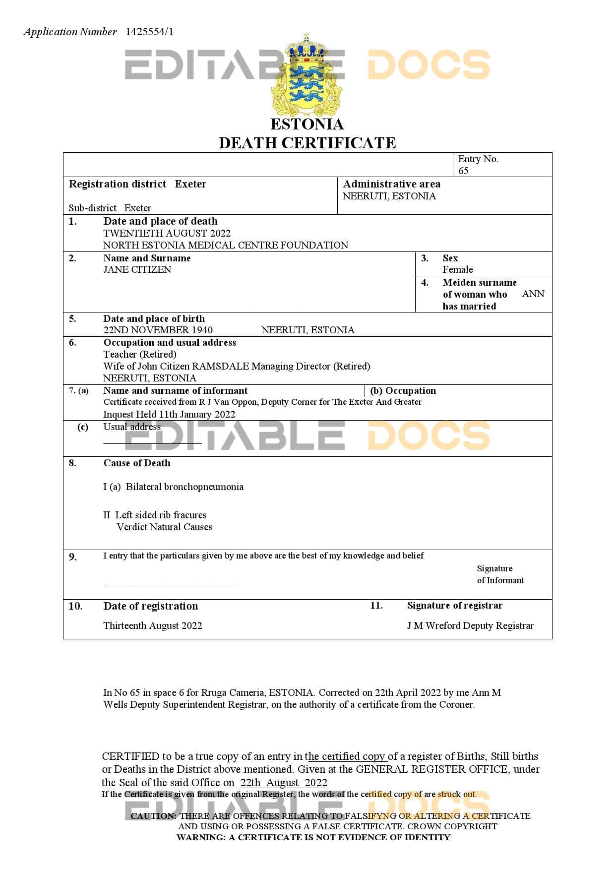 Fillable Estonia Death PDF Templates | Blank Docs