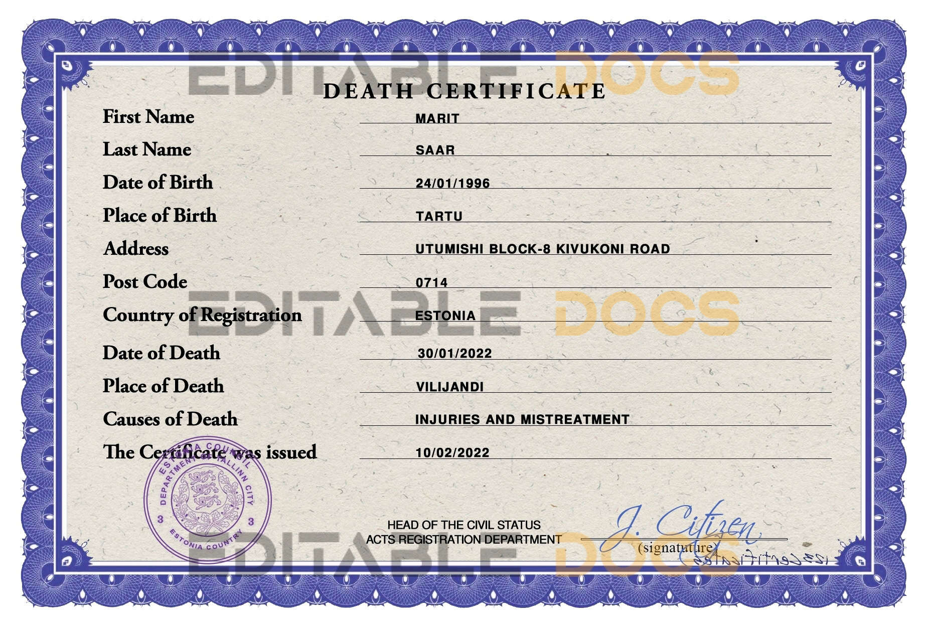 Customizable Estonia Death Certificate PSD Templates | Instant Download