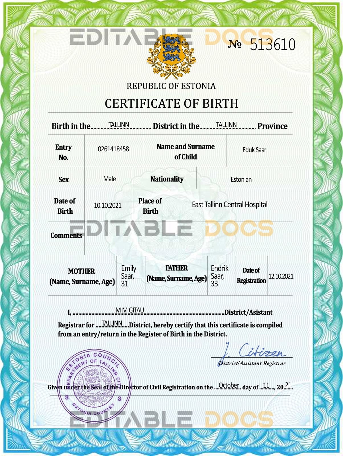 Authentic Estonia Birth Certificate Template | Customize and Download Online