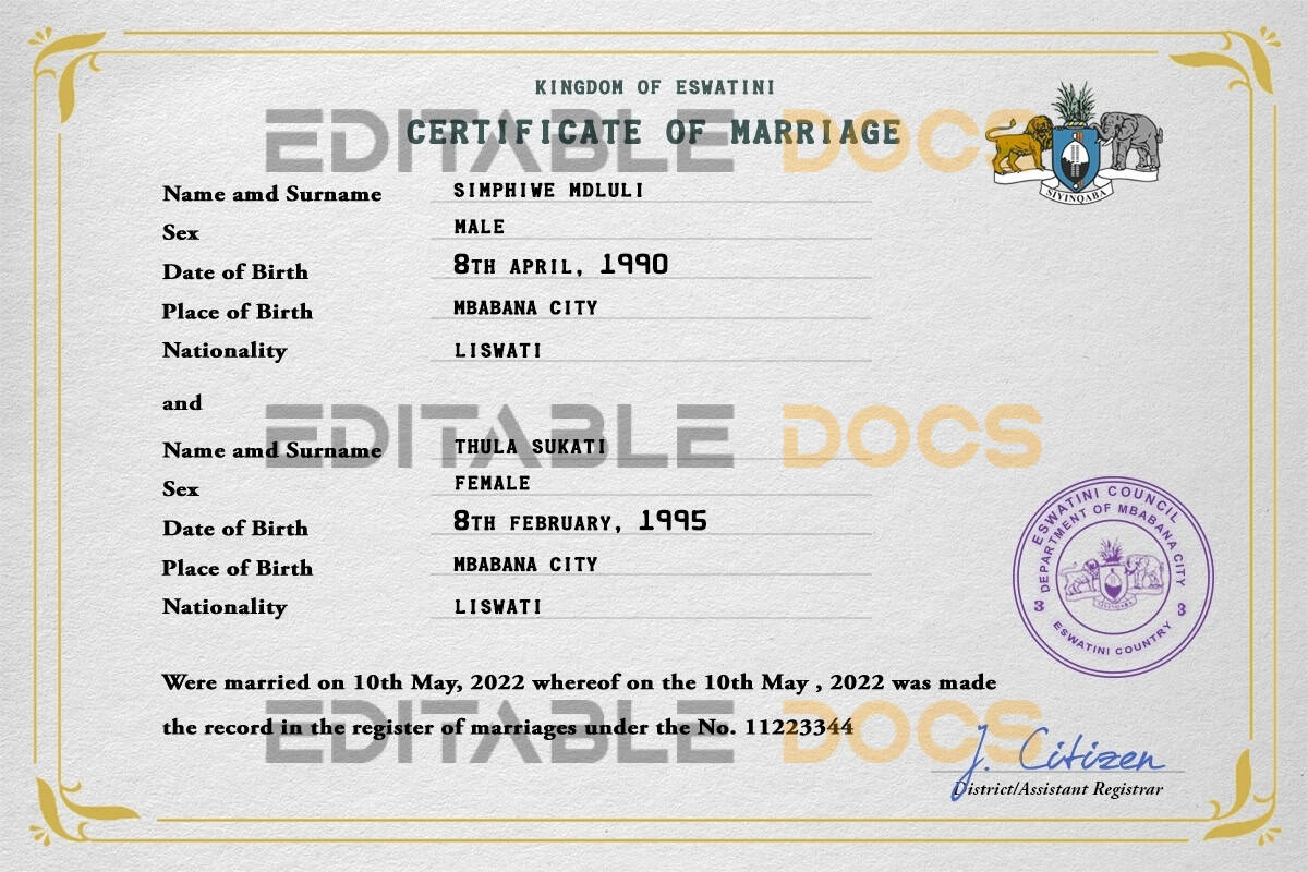 Eswatini Marriage Certificate | Editable PSD Templates