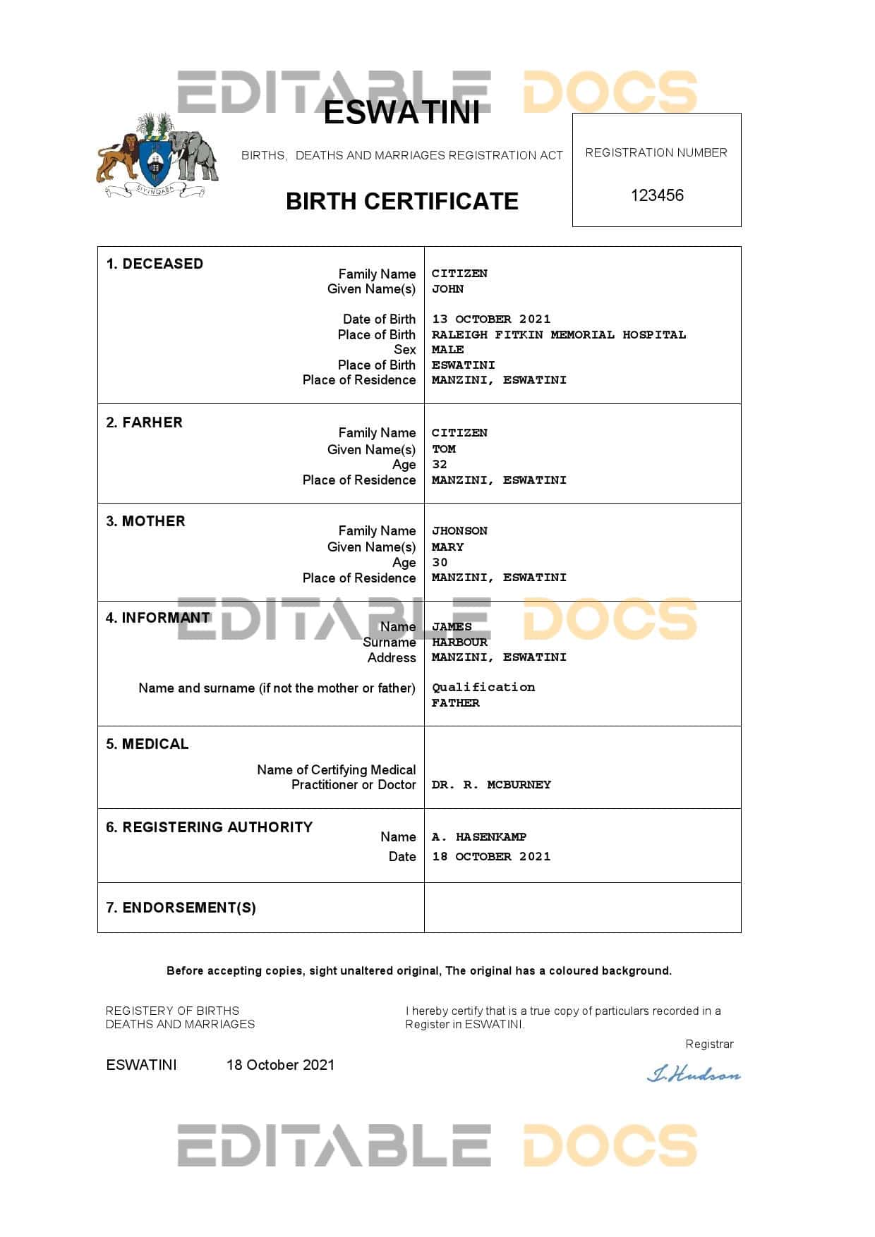 Authentic Eswatini Birth Certificate Template | Customize and Download Online