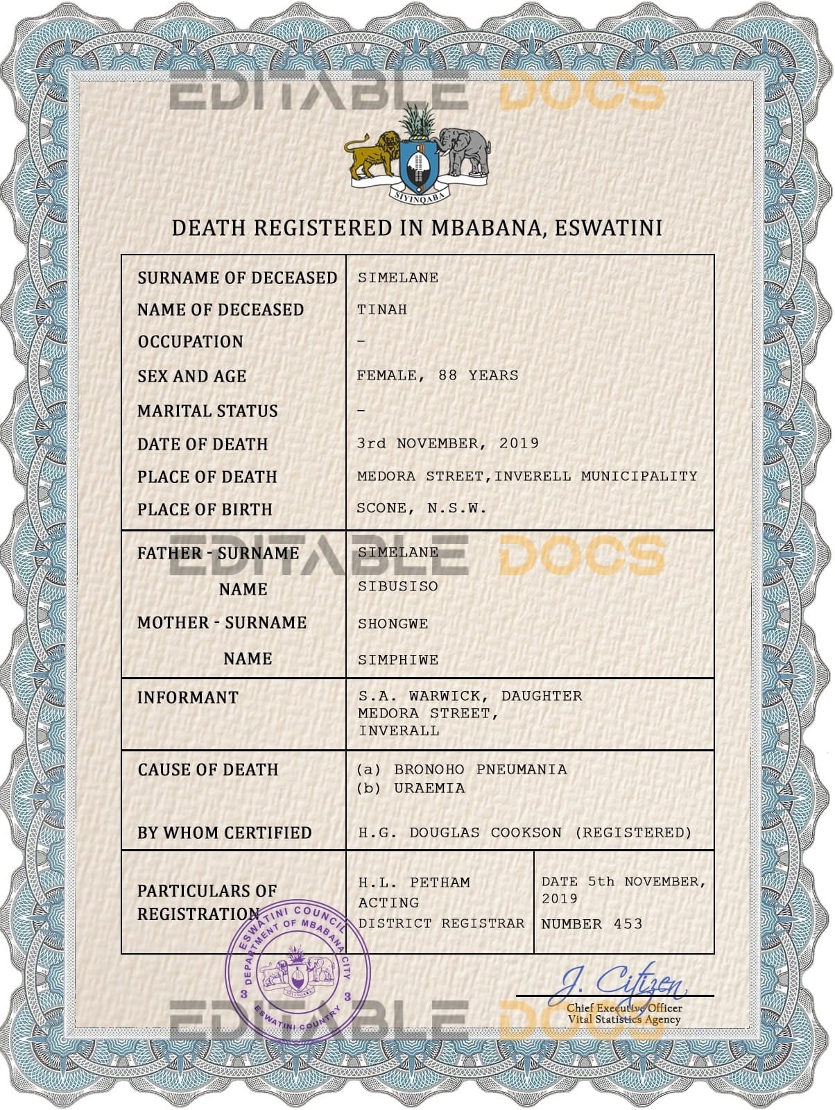 Customizable Eswatini Death Certificate PSD Templates | Instant Download
