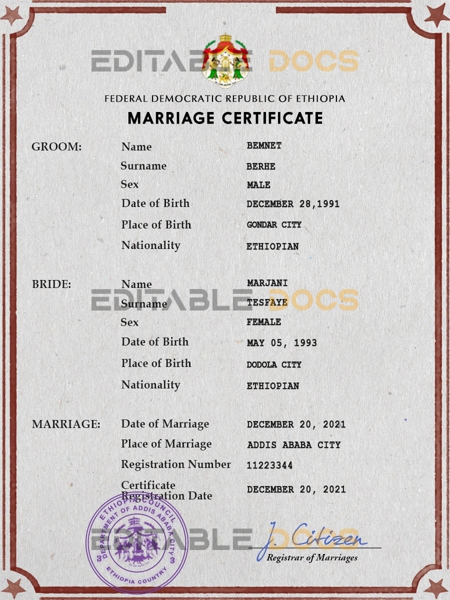 Ethiopia Marriage Certificate | Editable PSD Templates