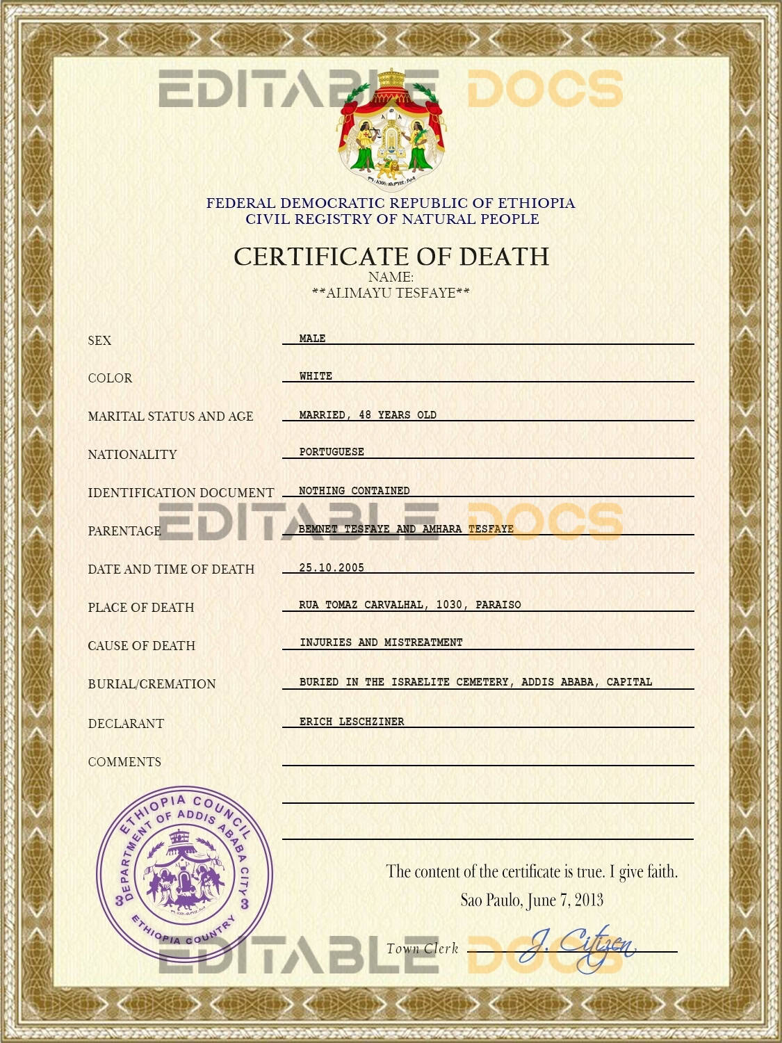 Customizable Ethiopia Death Certificate PSD Templates | Instant Download