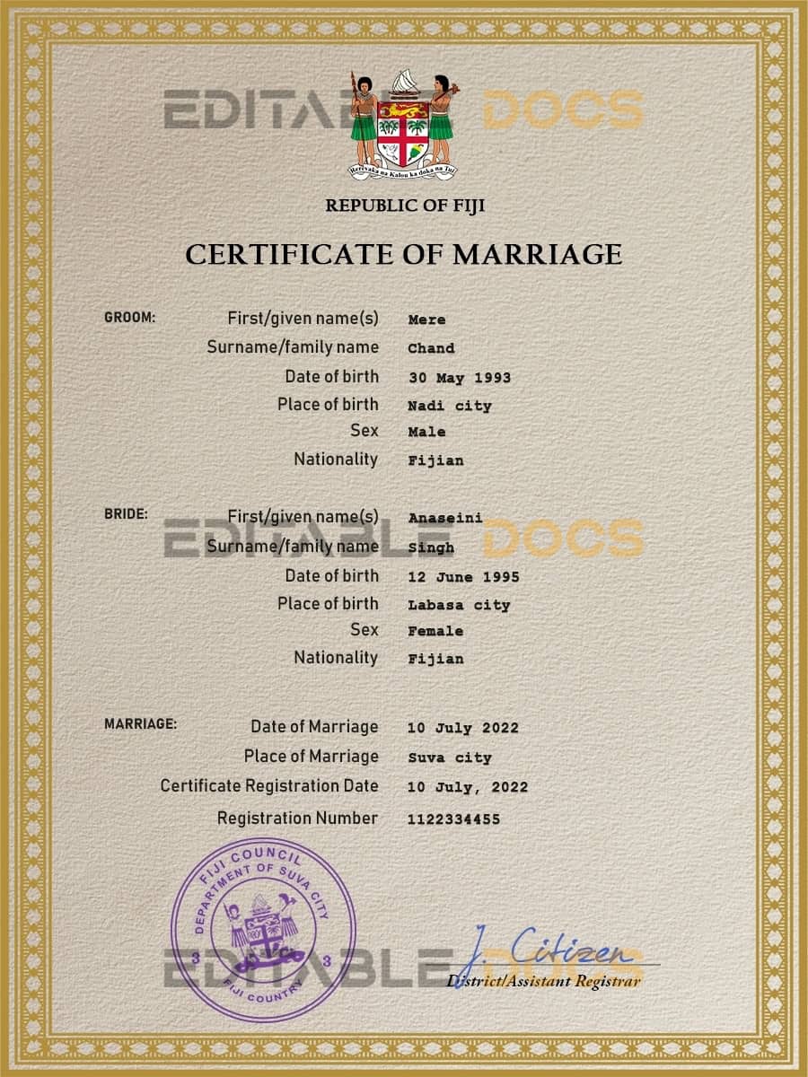 Fiji Marriage Certificate | Editable PSD Templates
