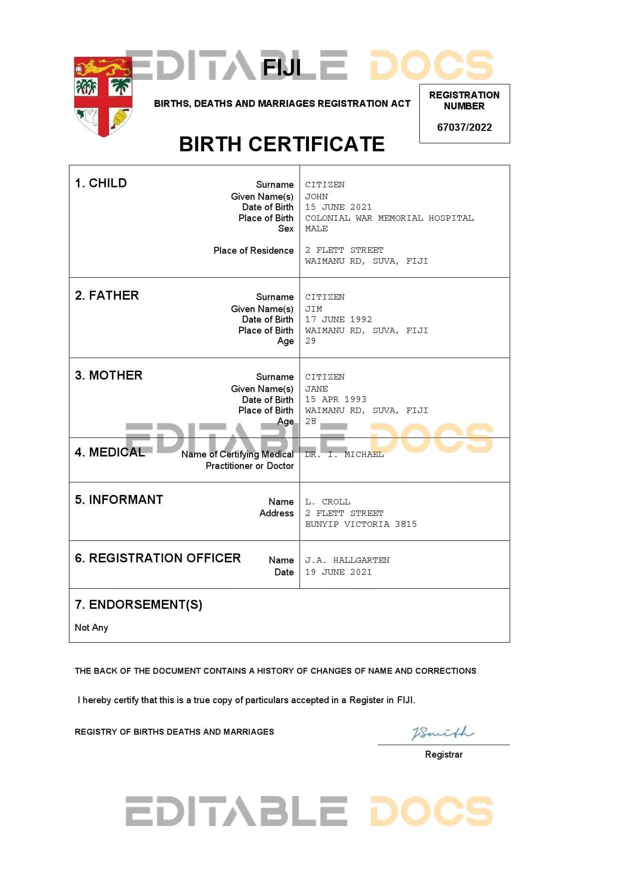 Authentic Fiji Birth Certificate Template | Customize and Download Online