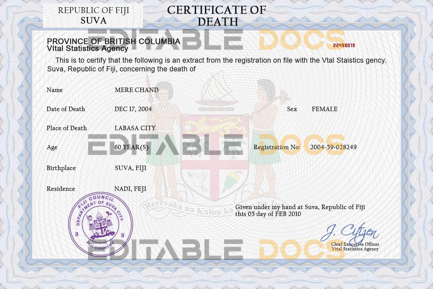 Customizable Fiji Death Certificate PSD Templates | Instant Download