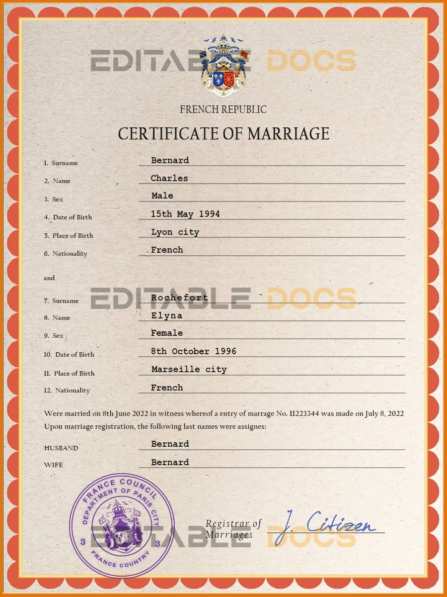 France Marriage Certificate | Editable PSD Templates