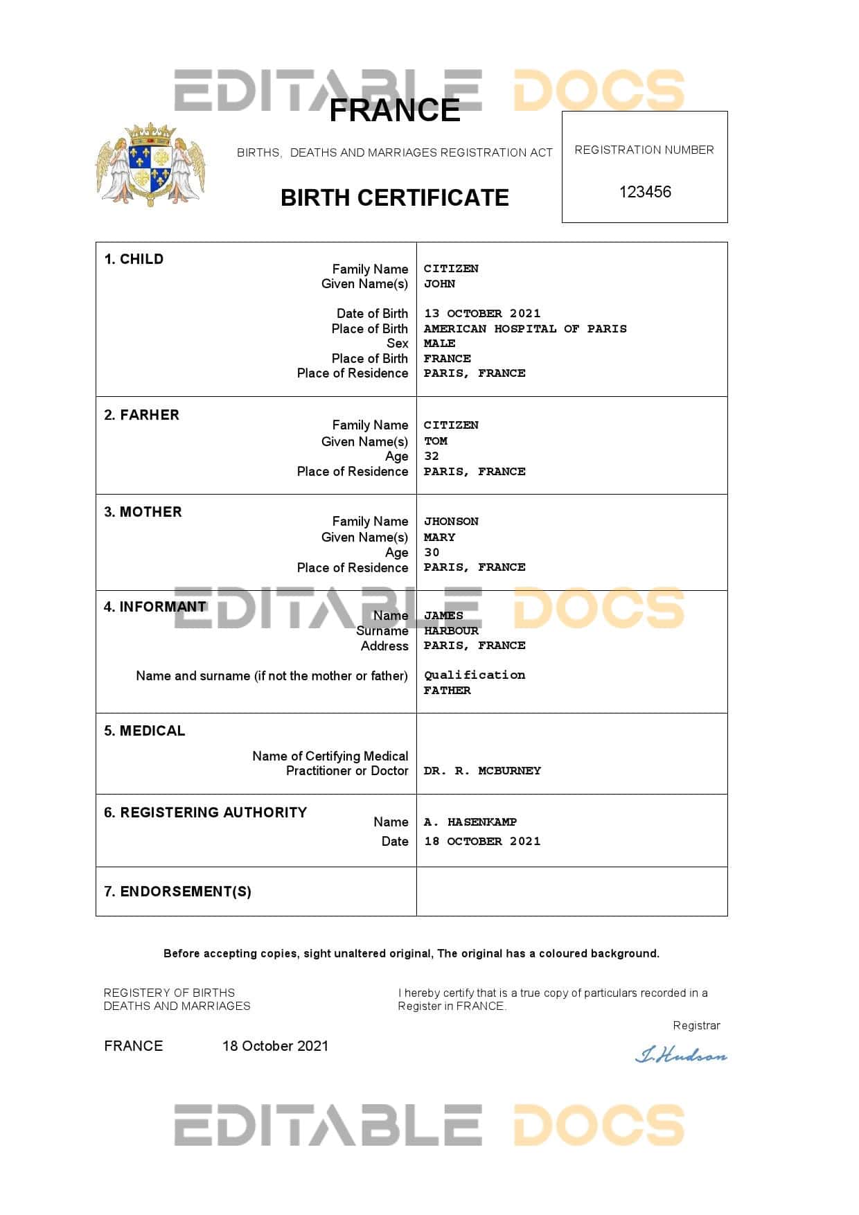 authentic France birth certificate template customize and download online