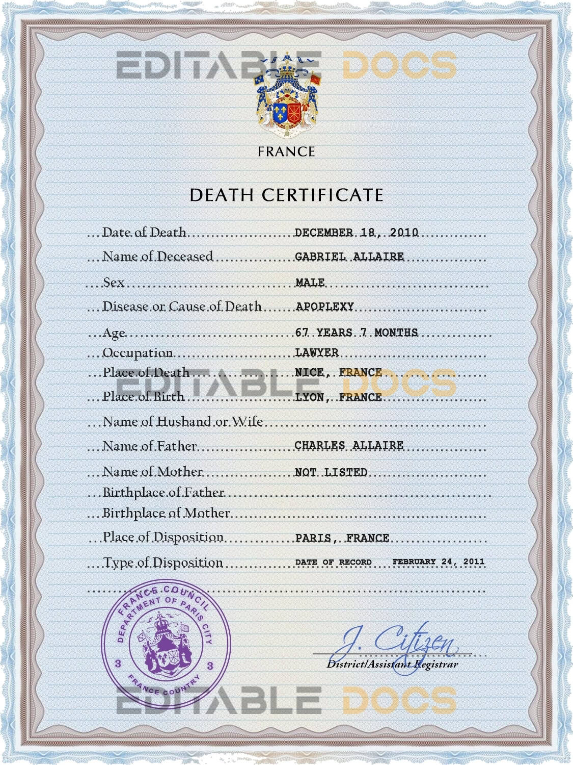 Customizable France Death Certificate PSD Templates | Instant Download