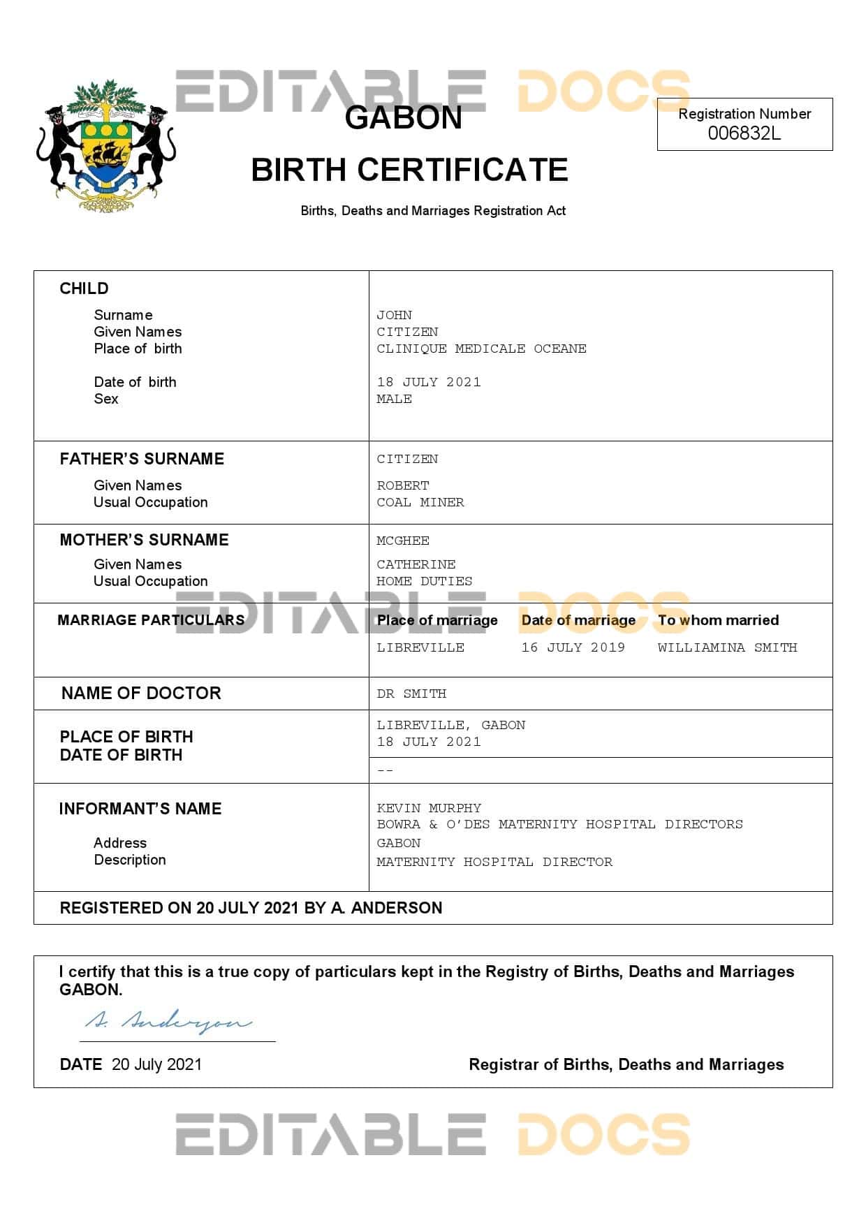 Authentic Gabon Birth Certificate Template | Customize and Download Online