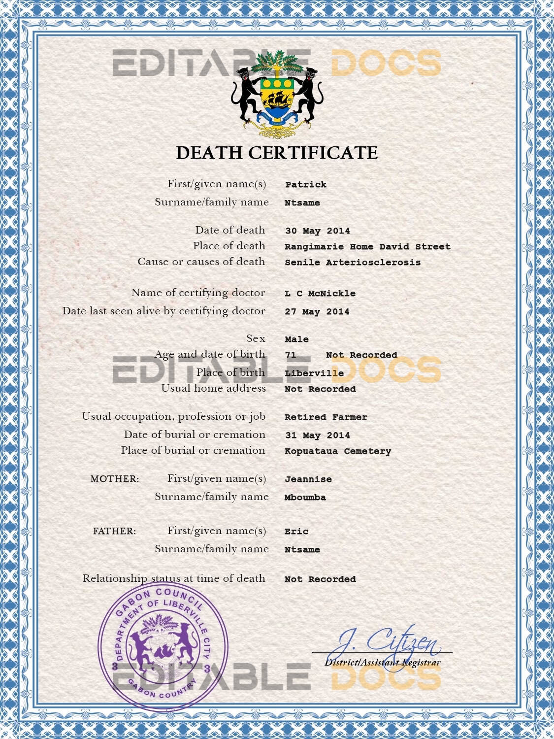 Customizable Gabon Death Certificate PSD Templates | Instant Download