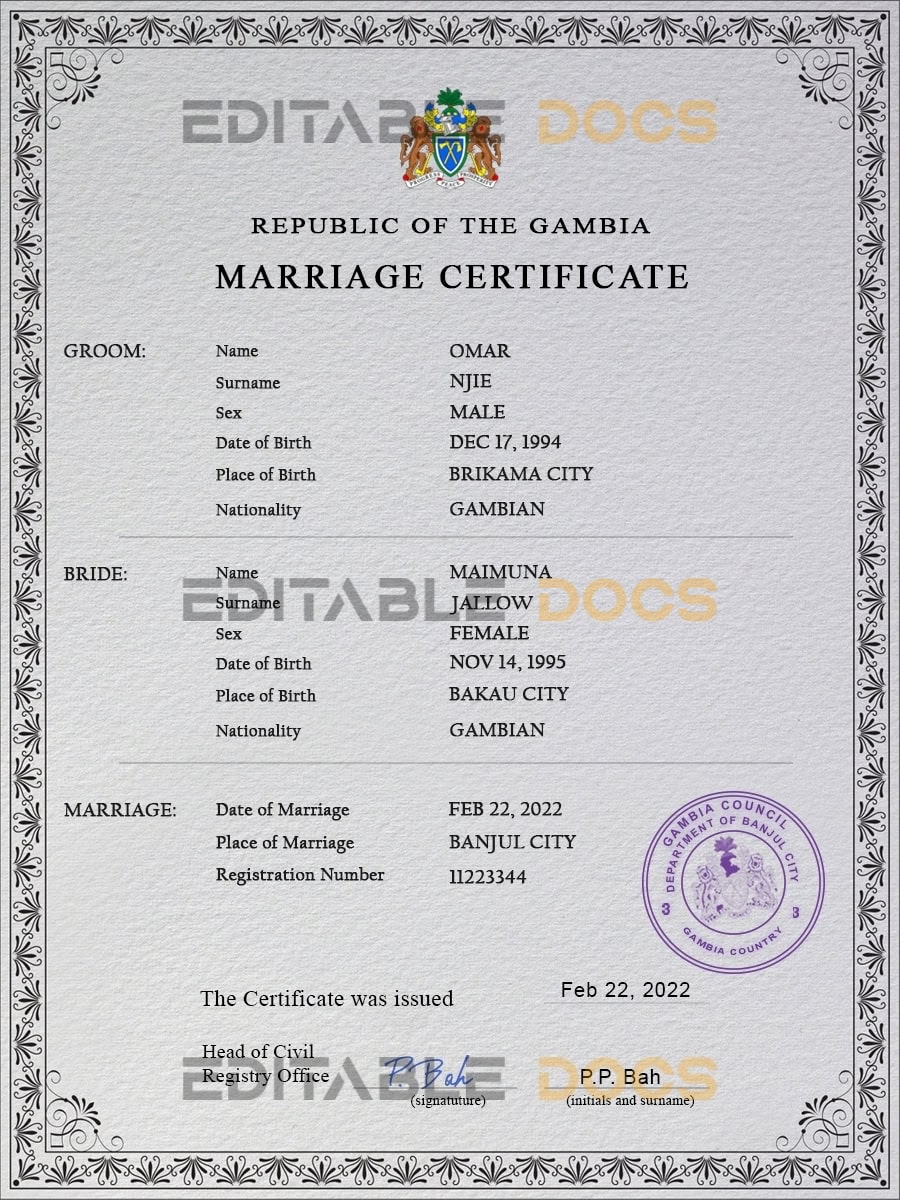 Gambia Marriage Certificate | Editable PSD Templates