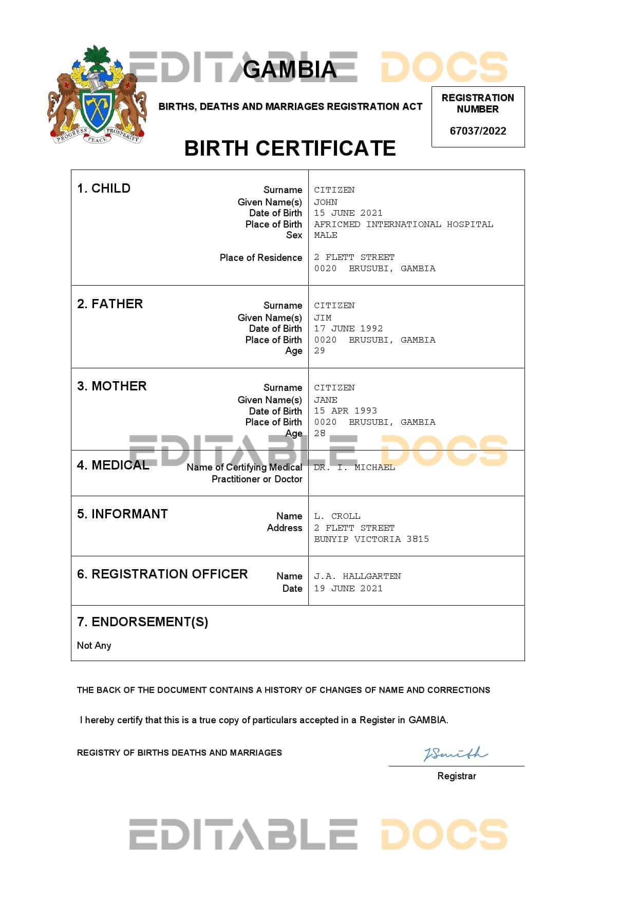 Authentic Gambia Birth Certificate Template | Customize and Download Online