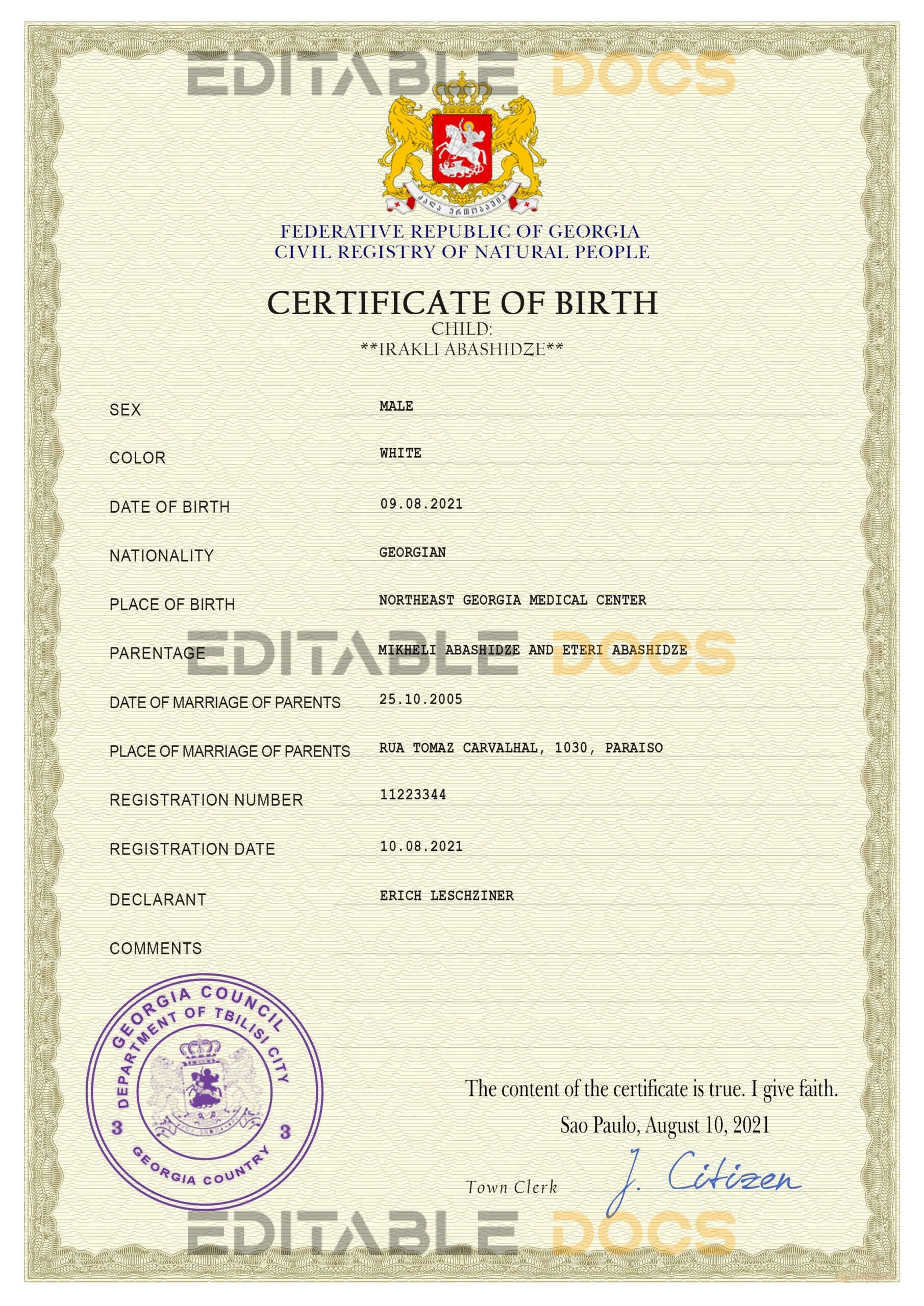 Authentic Georgia Birth Certificate Template | Customize and Download Online