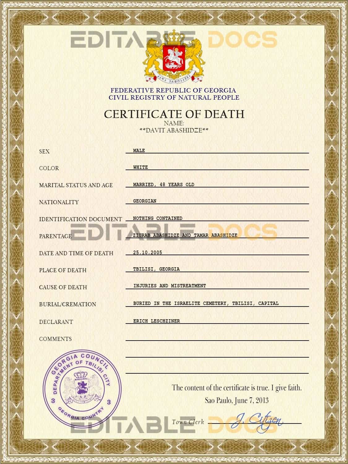 Customizable Georgia Death Certificate PSD Templates | Instant Download