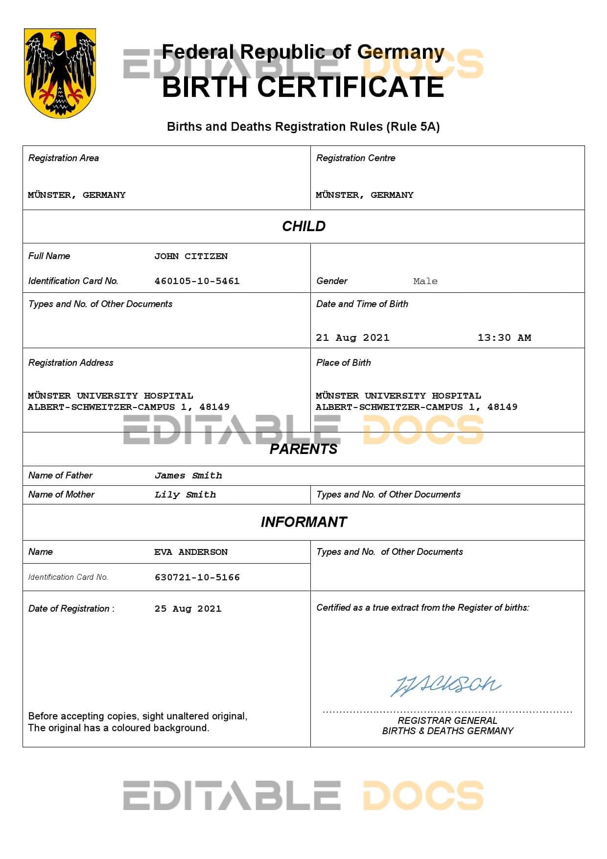 Authentic Germany Birth Certificate Template | Customize and Download Online