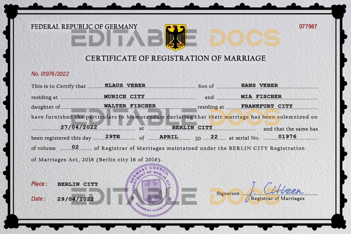 Germany Marriage Certificate | Editable PSD Templates