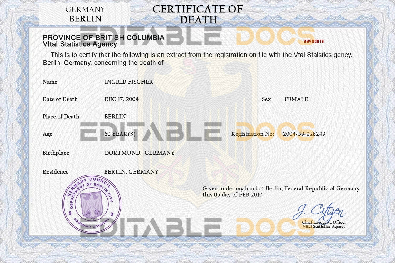 Customizable Germany Death Certificate PSD Templates | Instant Download