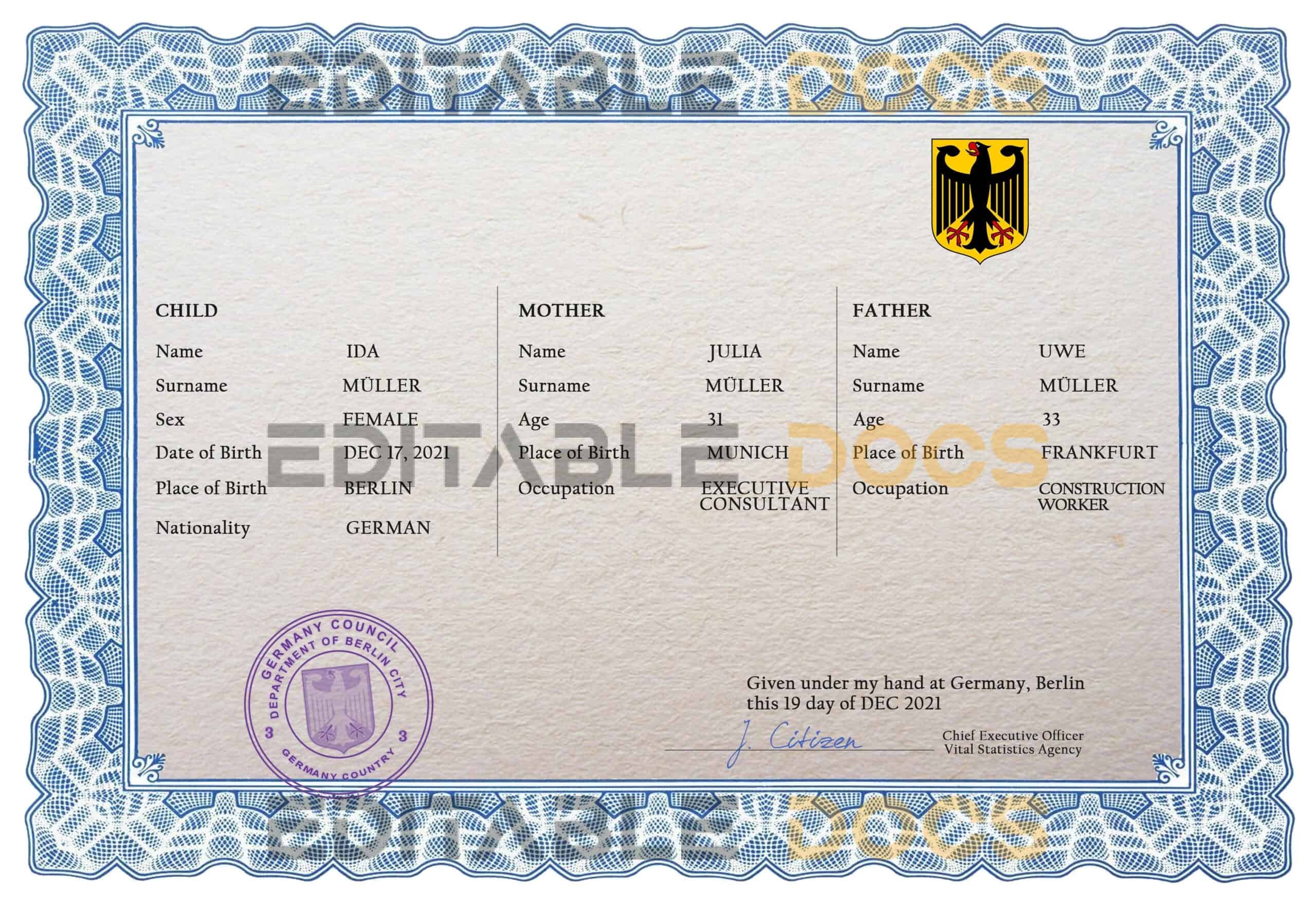 Authentic Germany Birth Certificate Template | Customize and Download Online