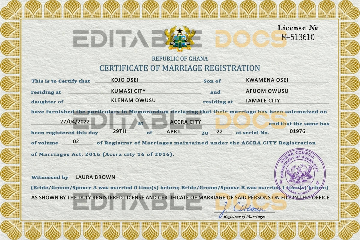 Ghana Marriage Certificate | Editable PSD Templates