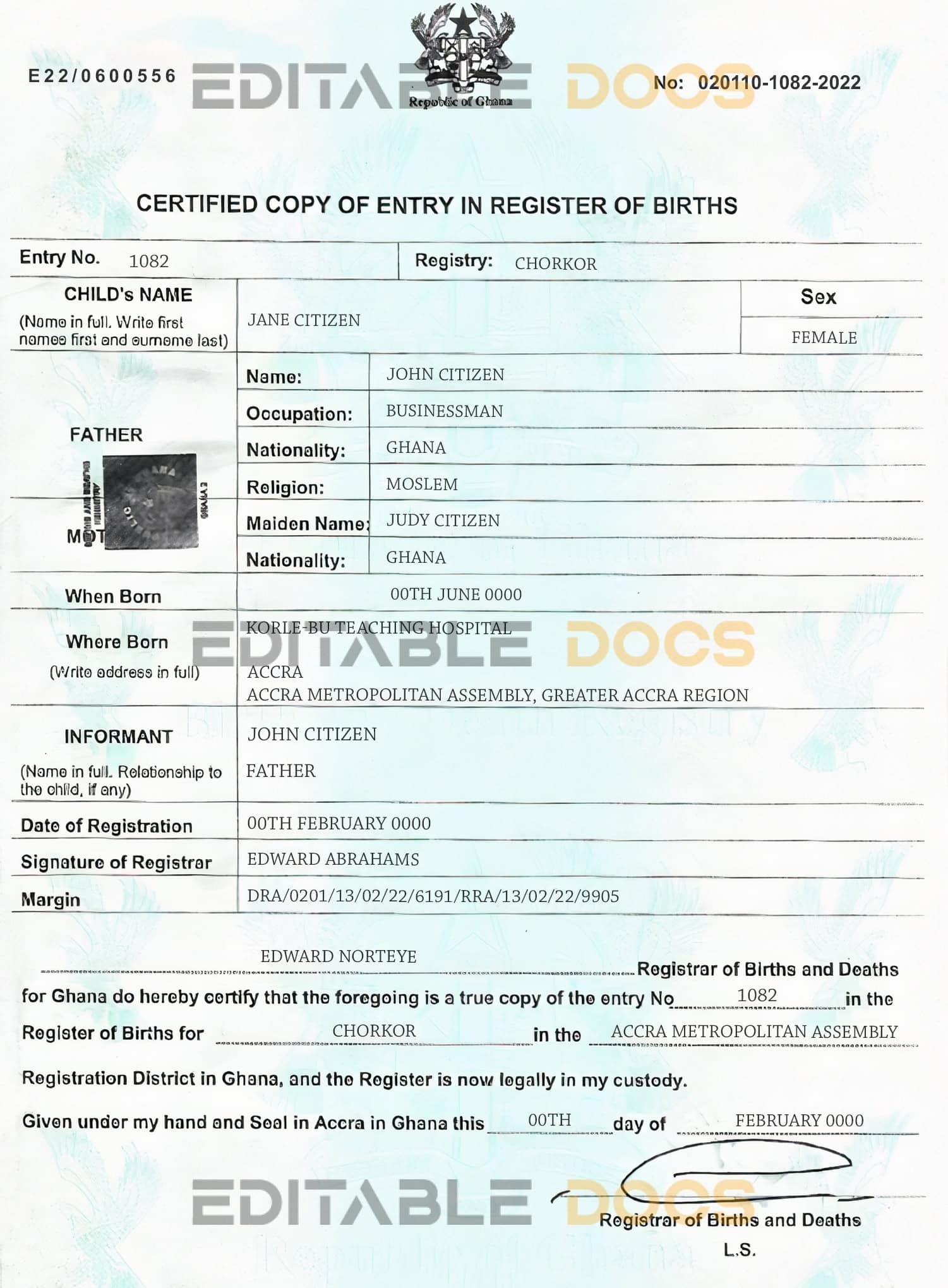 Authentic Ghana Birth Certificate Template | Customize and Download Online