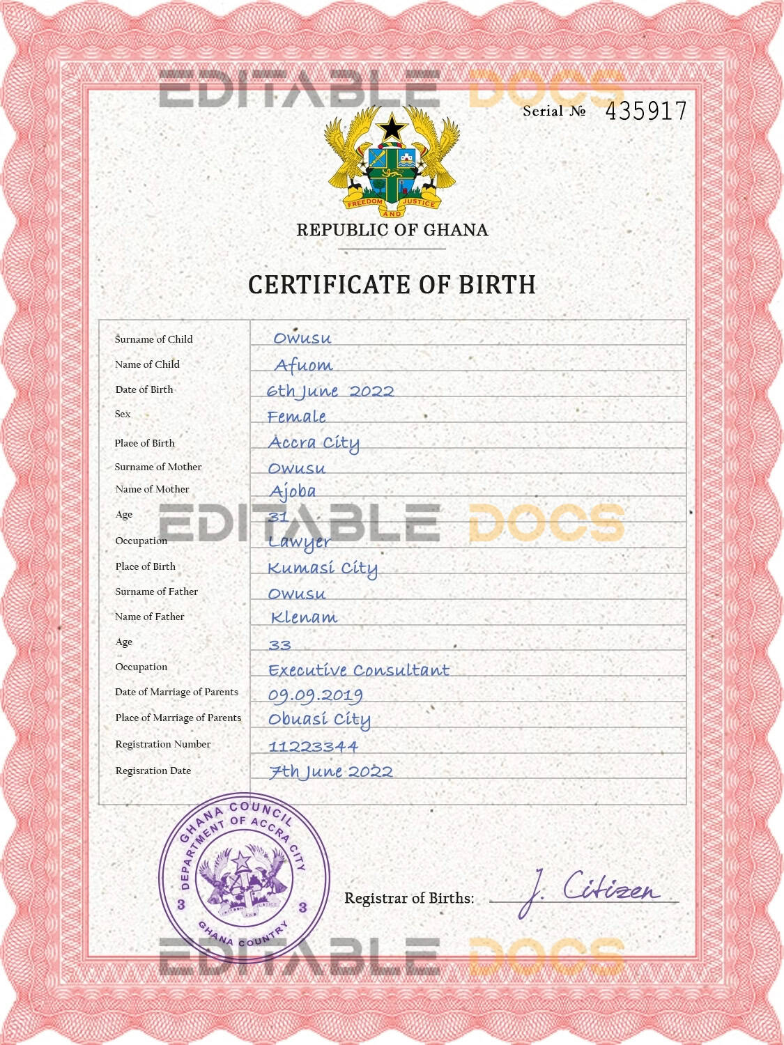 Authentic Ghana Birth Certificate Template | Customize and Download Online