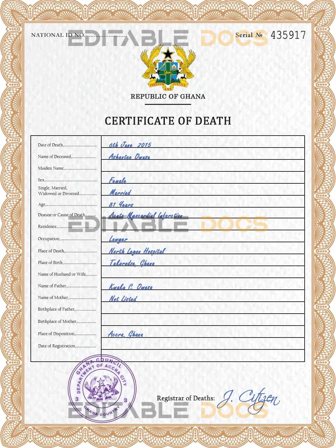 Customizable Ghana Death Certificate PSD Templates | Instant Download