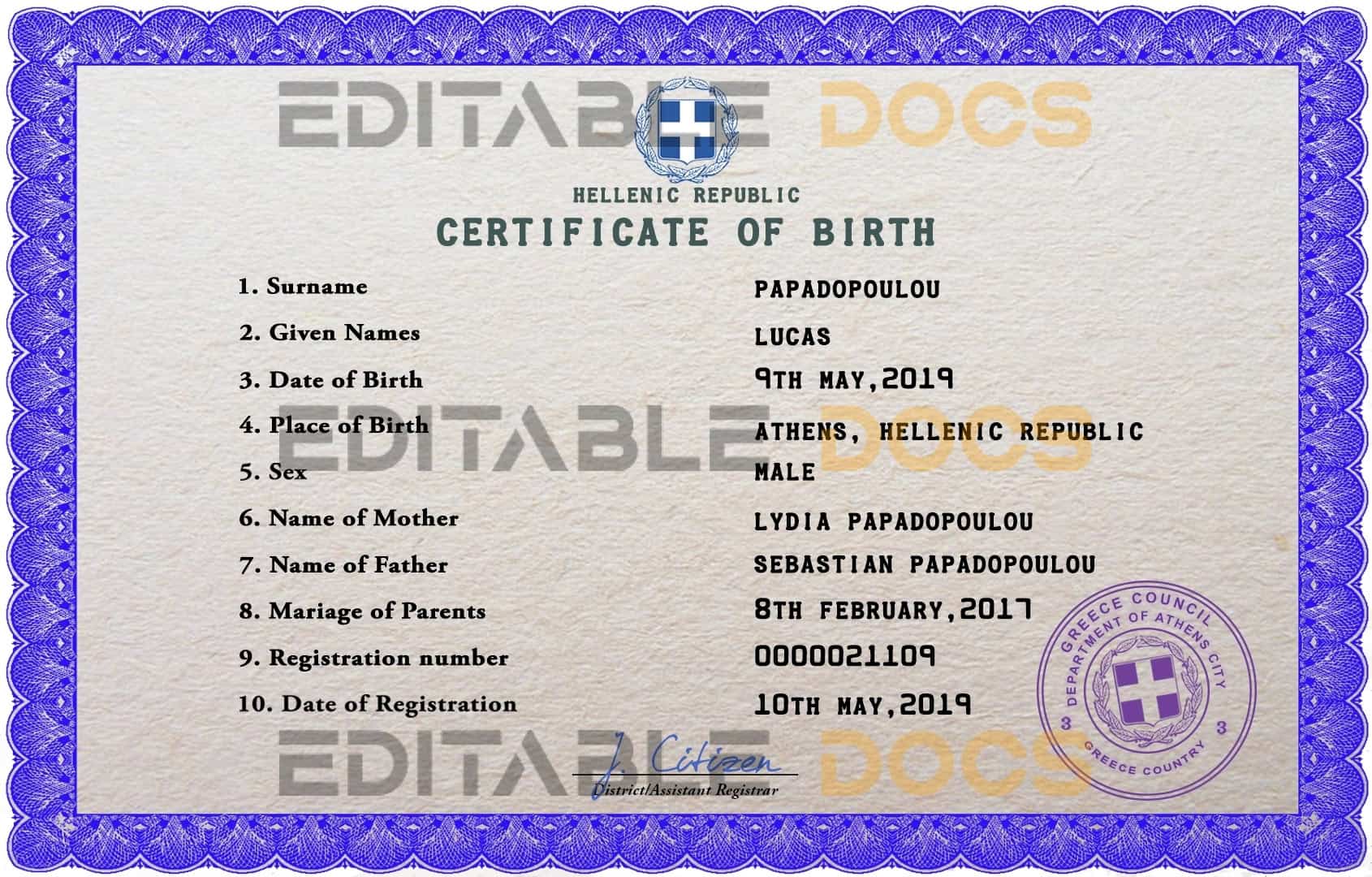 Authentic Greece Birth Certificate Template | Customize and Download Online