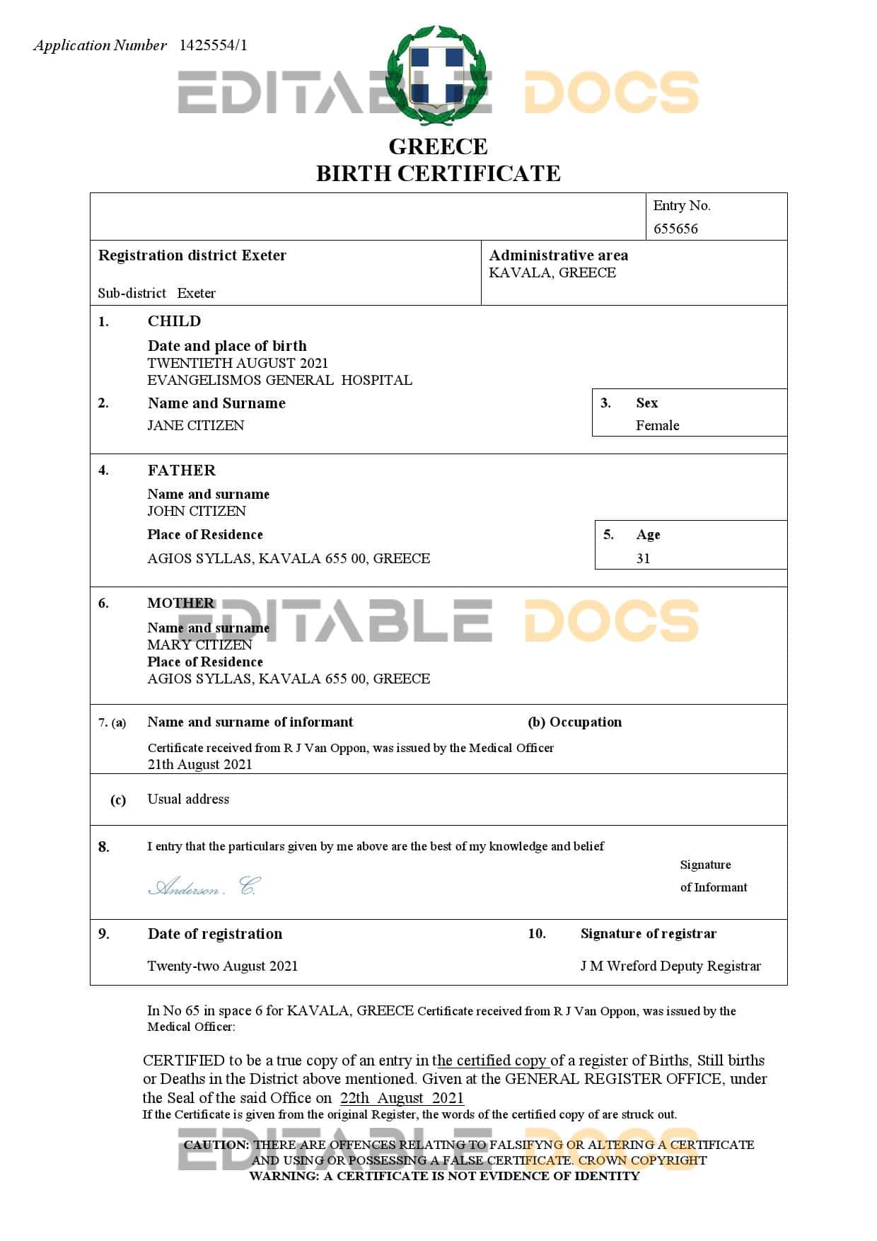 Authentic Greece Birth Certificate Template | Customize and Download Online