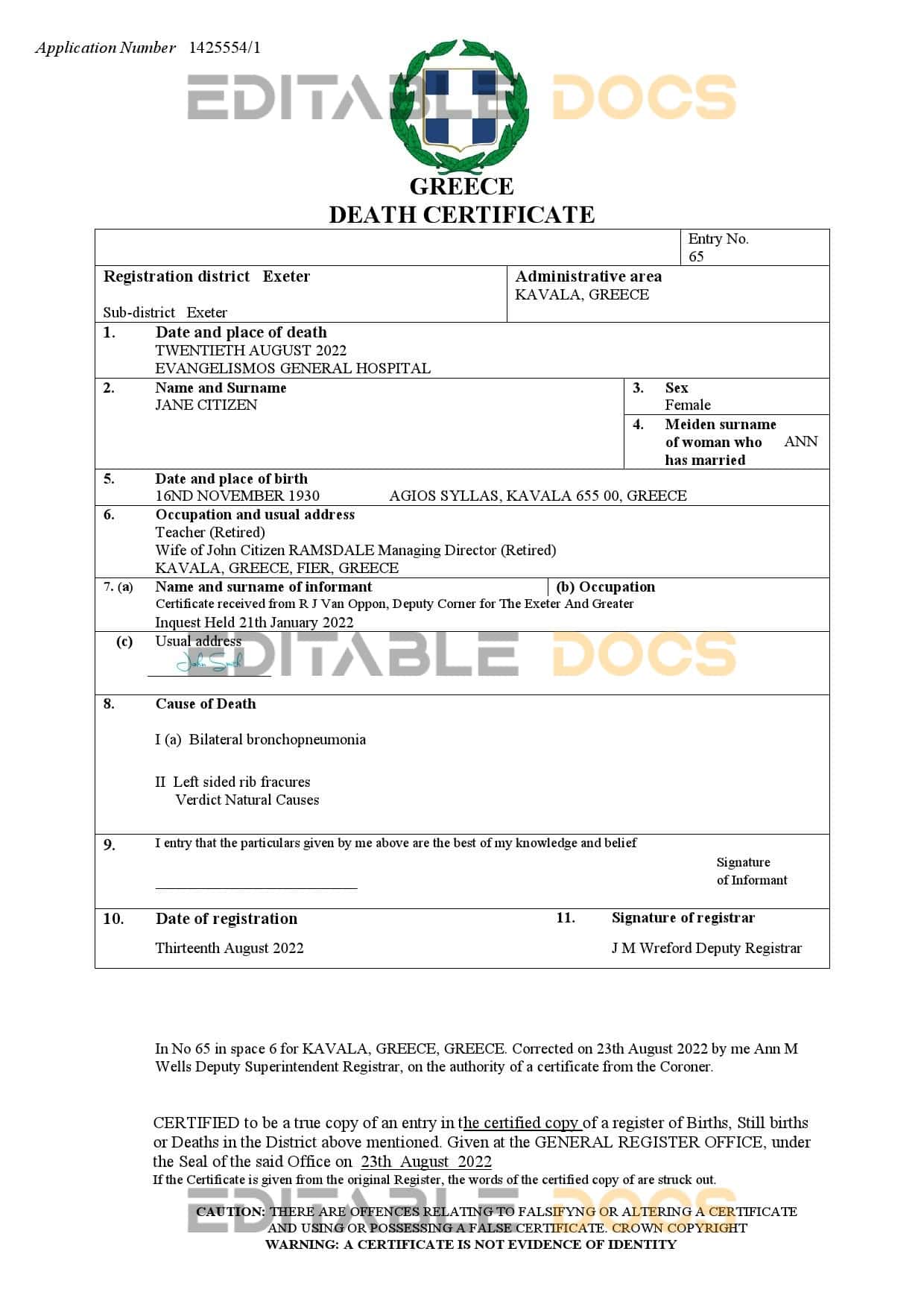 Fillable Greece Death PDF Templates | Blank Docs