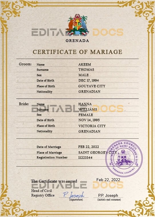 Grenada Marriage Certificate | Editable PSD Templates