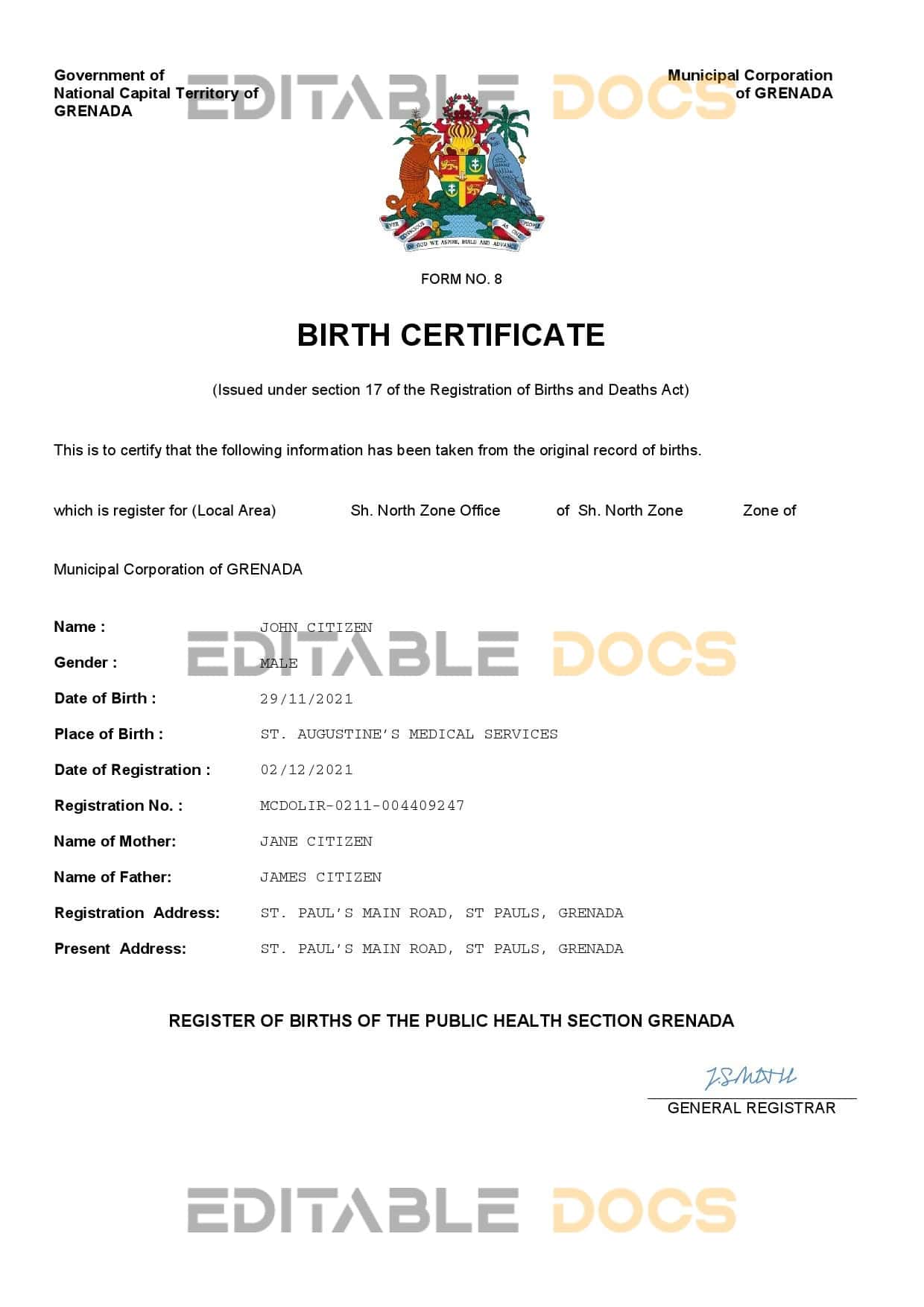 Authentic Grenada vital record Birth Certificate Template | Customize and Download Online