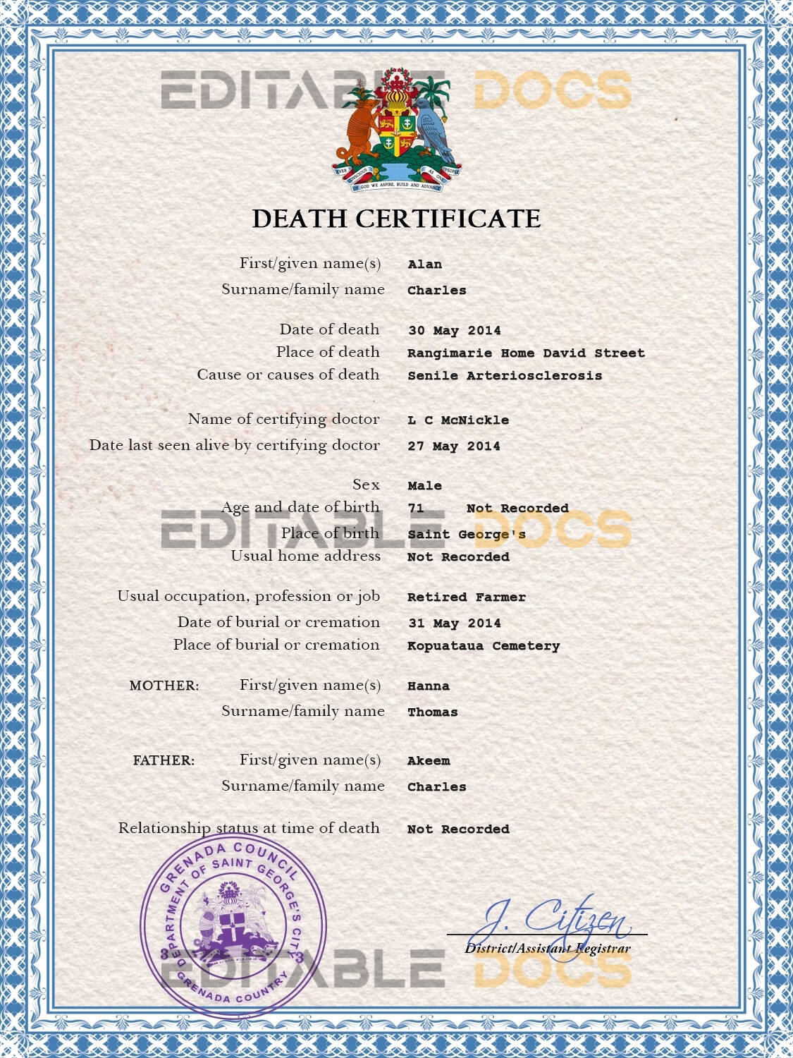 Customizable Grenada Death Certificate PSD Templates | Instant Download