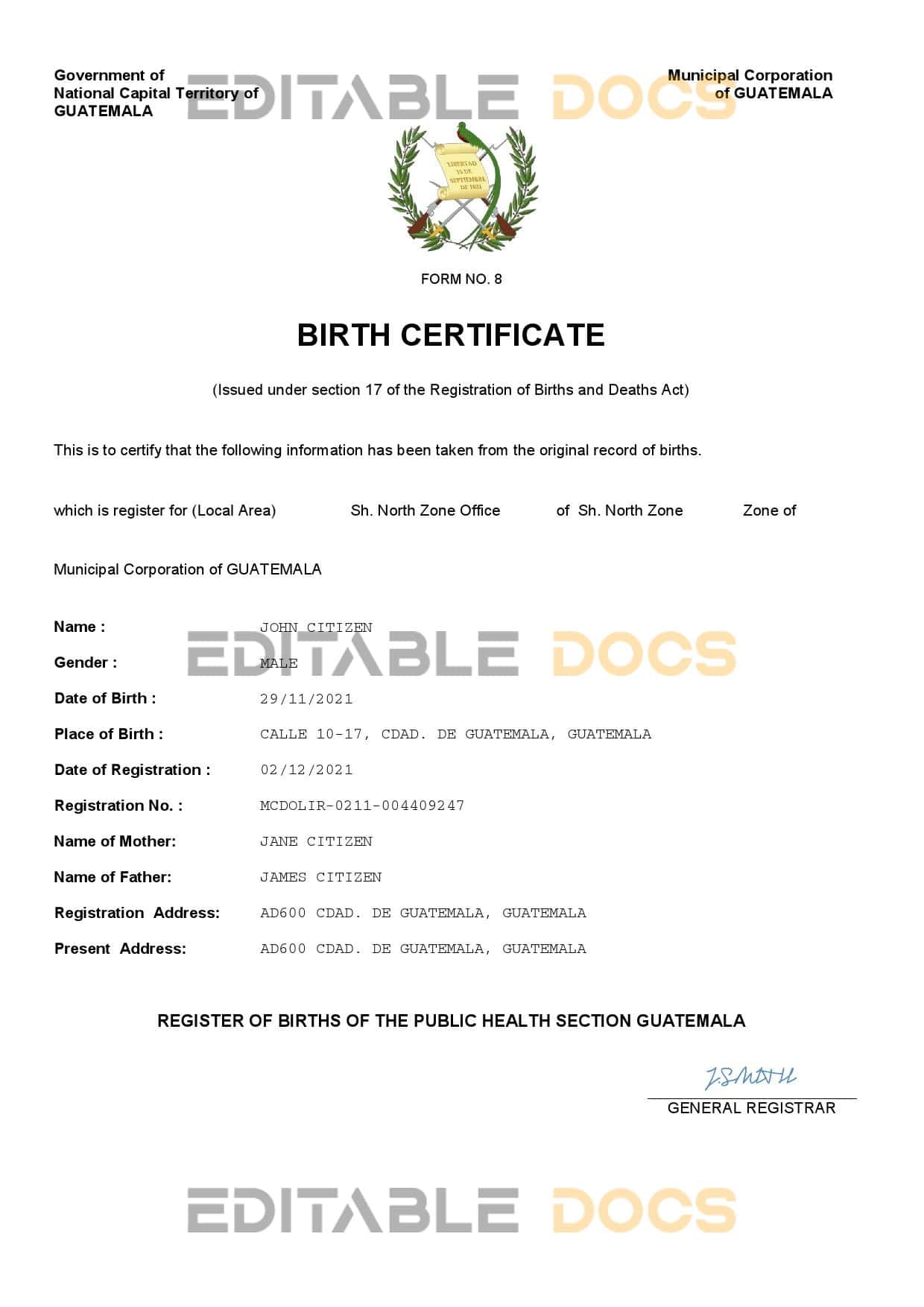 Authentic Guatemala Birth Certificate Template | Customize and Download Online