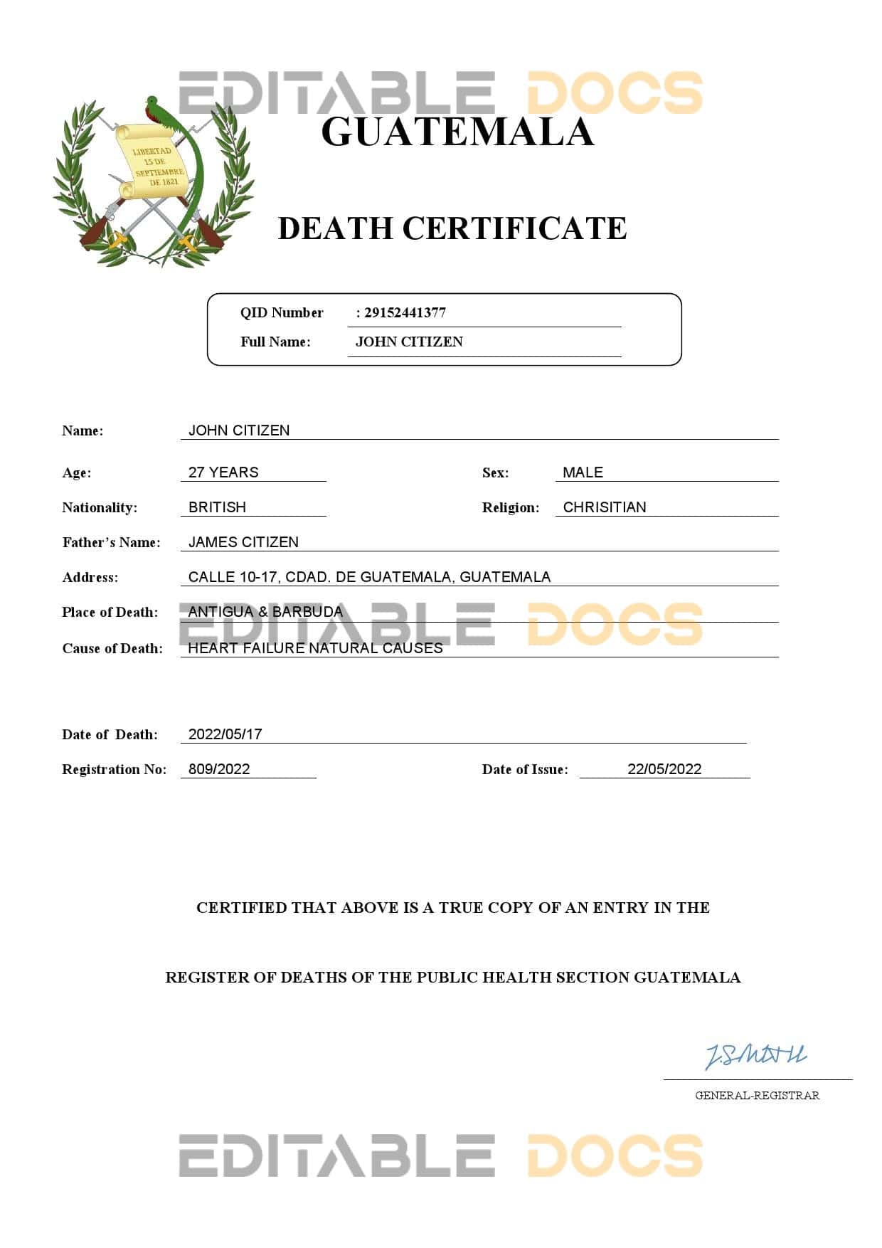 Fillable Guatemala Death PDF Templates | Blank Docs