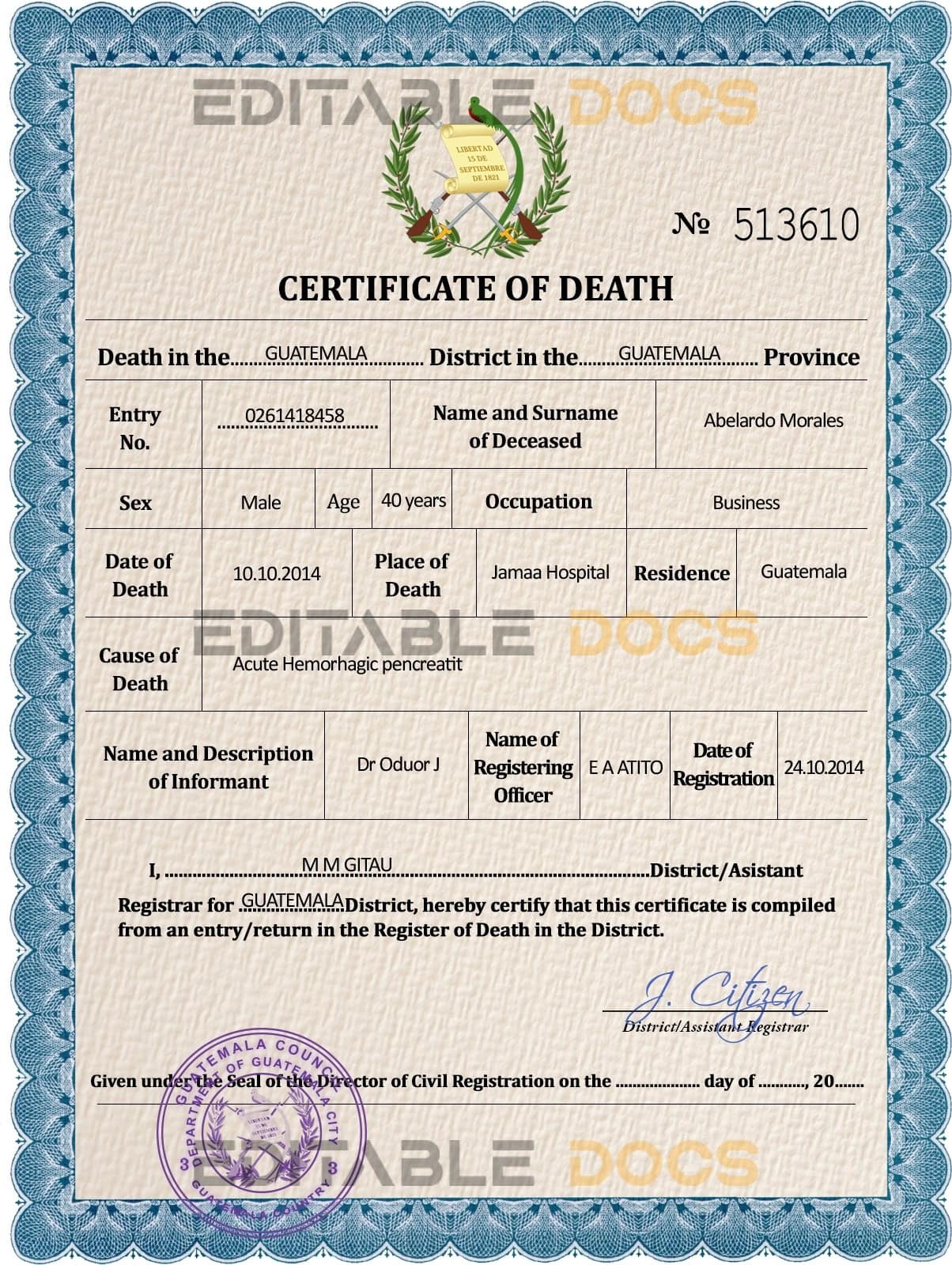 Customizable Guatemala Death Certificate PSD Templates | Instant Download
