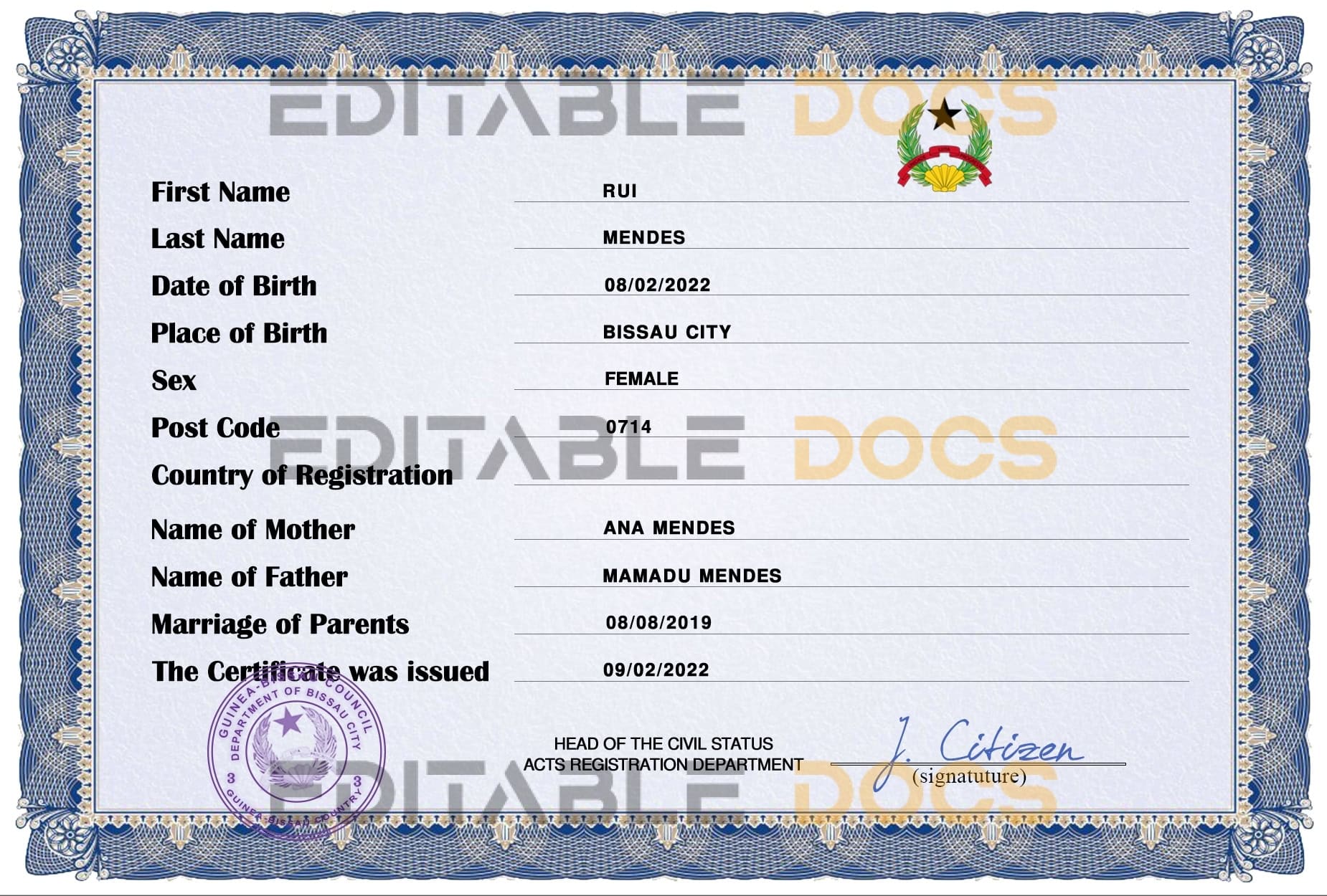 Authentic Guinea-Bissau Birth Certificate Template | Customize and Download Online