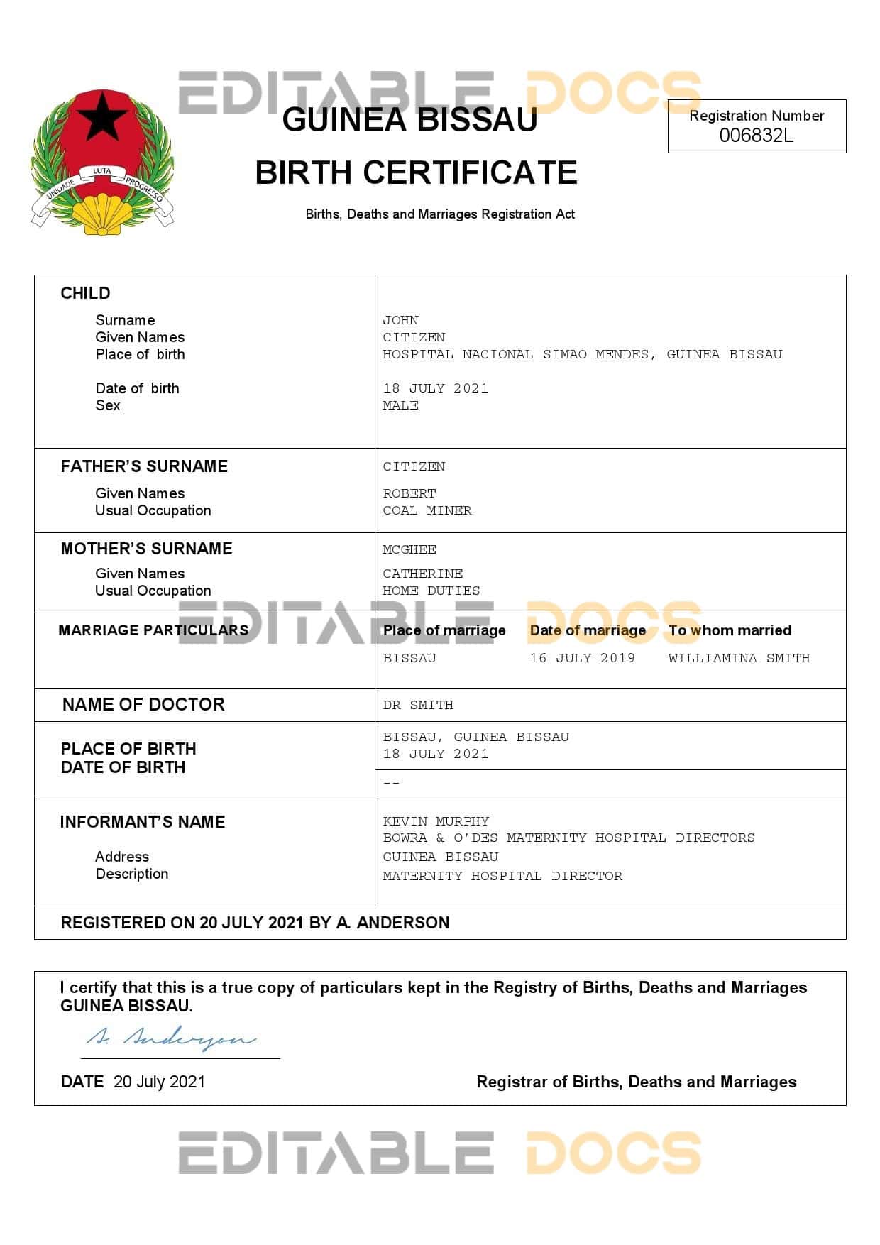 Authentic Guinea Bissau Birth Certificate Template | Customize and Download Online