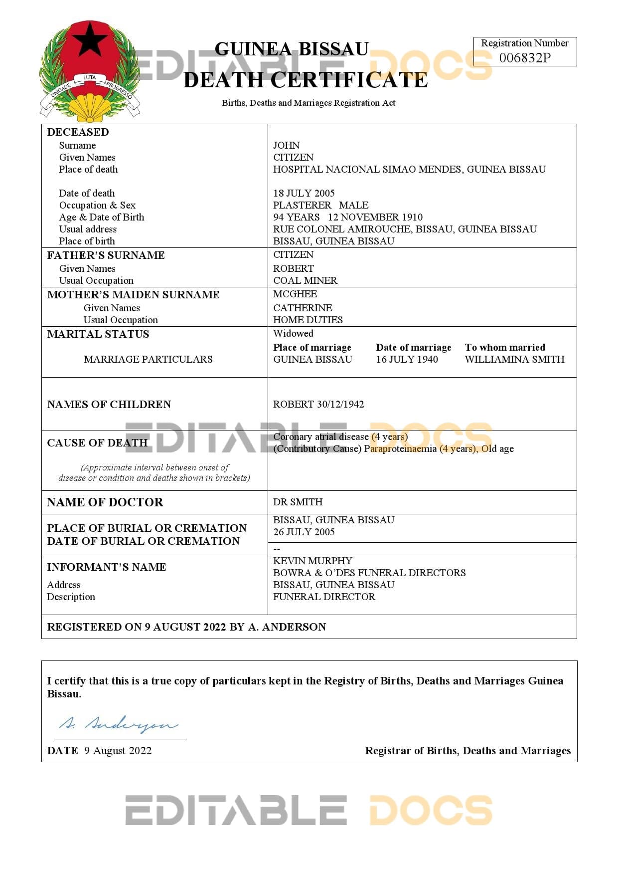 Fillable Guinea Bissau Death PDF Templates | Blank Docs
