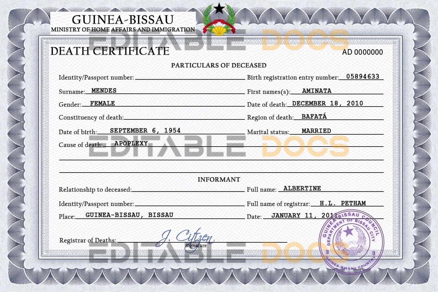 Customizable Guinea-Bissau Death Certificate PSD Templates | Instant Download