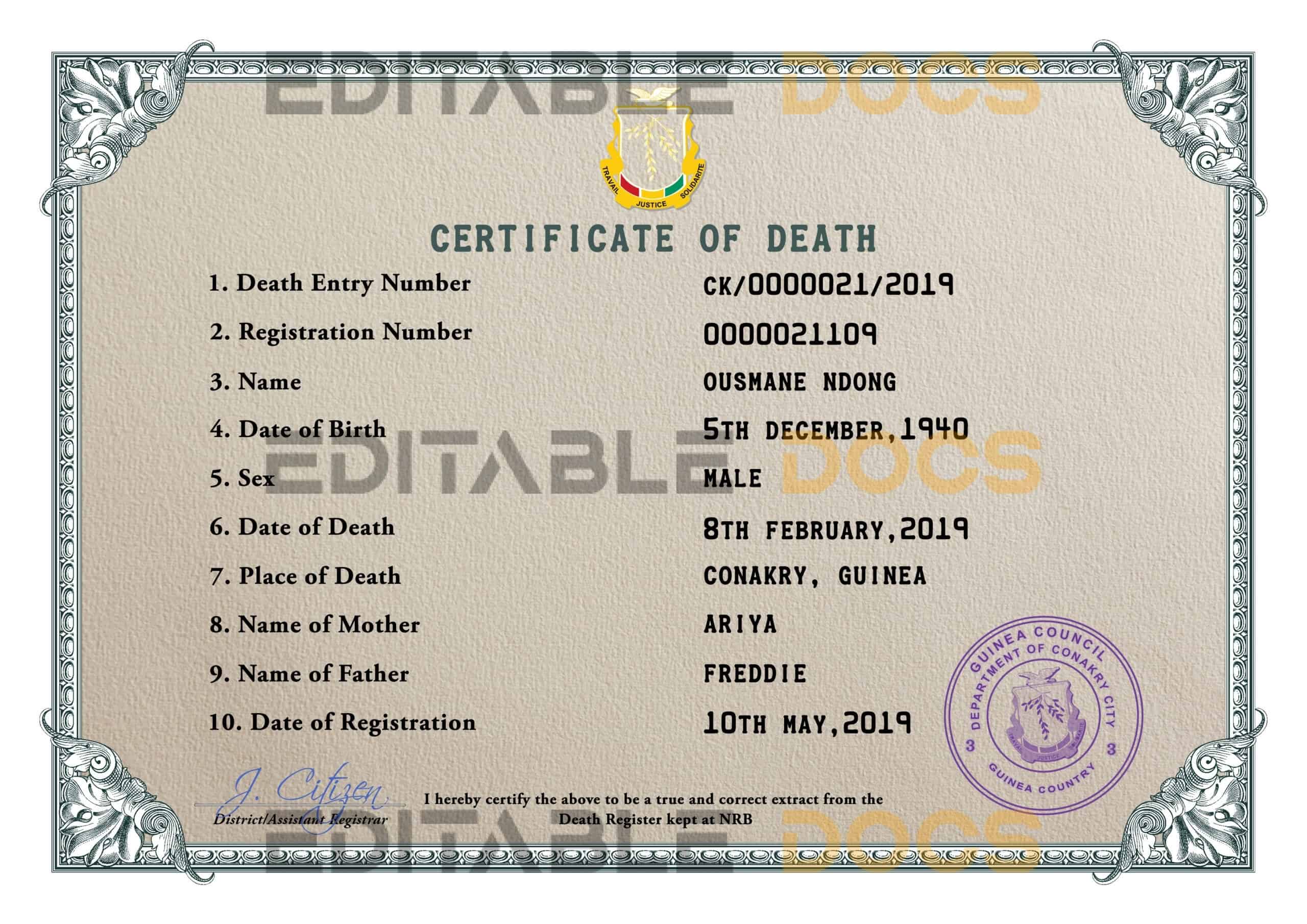 Customizable Guinea Death Certificate PSD Templates | Instant Download