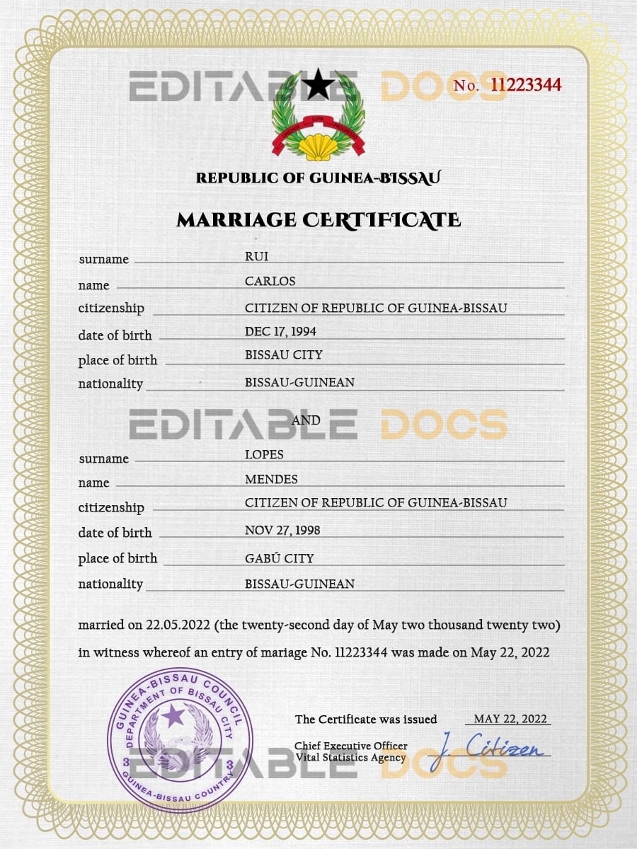 Guniea Bissau Marriage Certificate | Editable PSD Templates